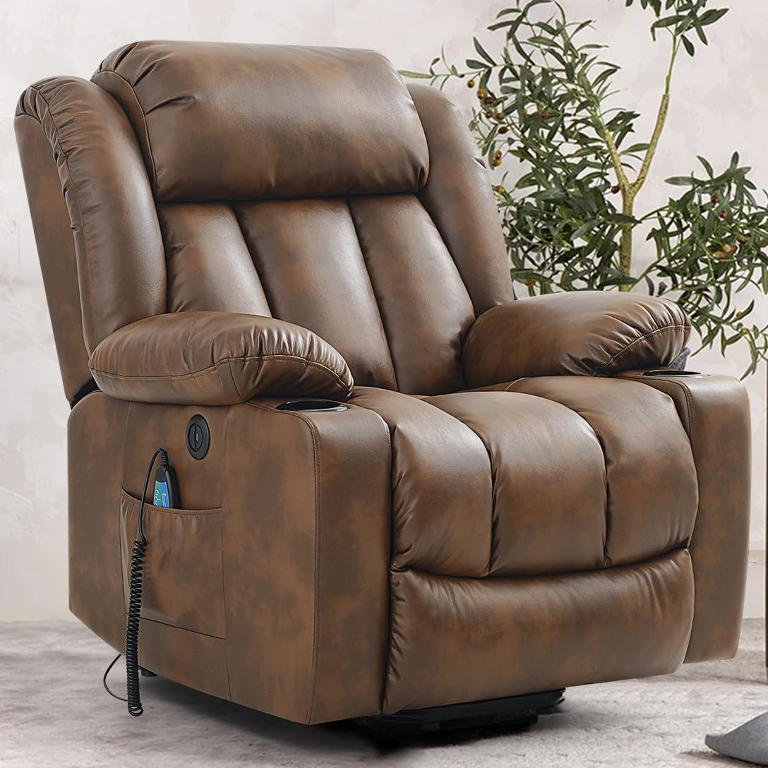 Power Lift Recliner Chair,Breathable Leather Recliner Chair with Massage and Heat for Elderly and People Limited Mobility,2 Cup Holders,Electric Stand Assist,USB Ports (Ochre)