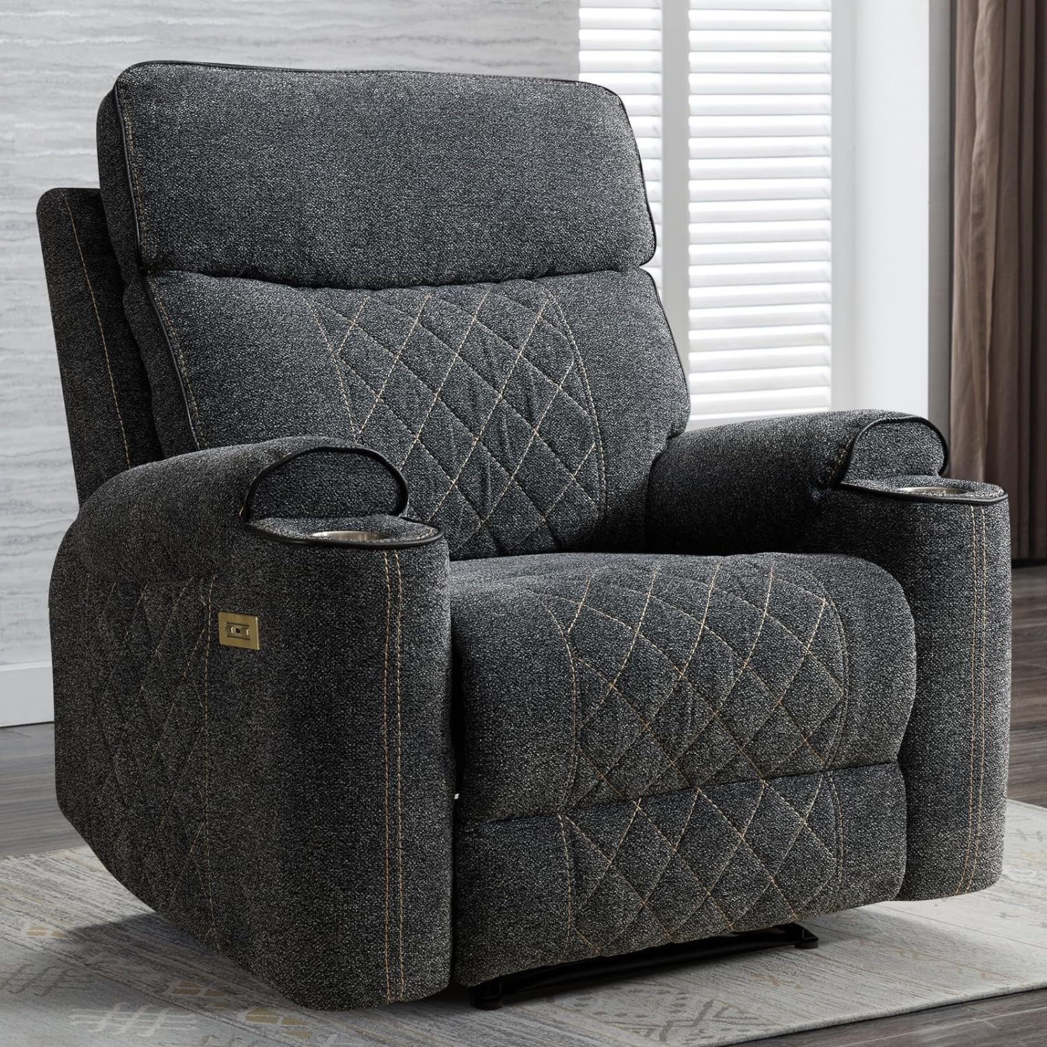 ANJ Classic Power Recliner Chair, Overstuffed Electric Recliners with Double Layer Backrest and Cup Holders, Comfy Reclining Single Sofa for Living Room