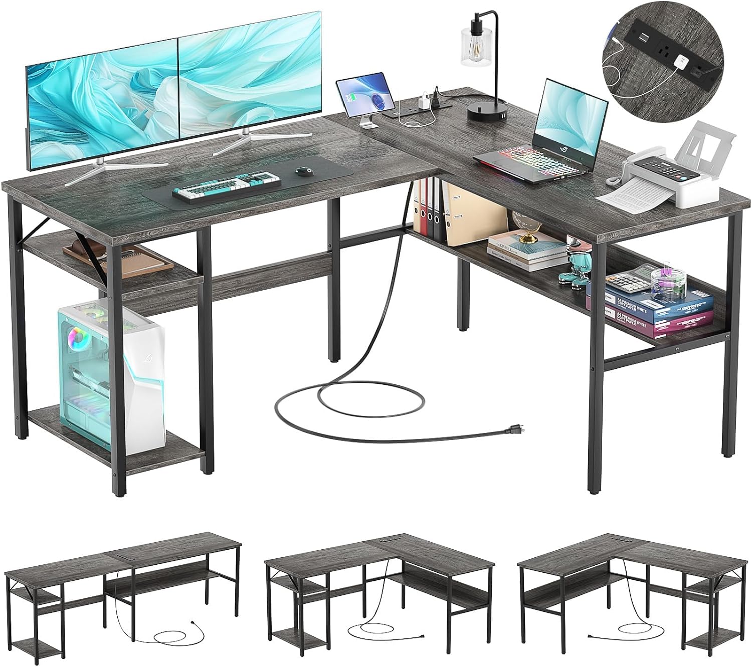 Reversible L Shaped Gaming Desk with Power Outlets and USB Charging Ports, Sturdy Computer Desk with Storage Shelf, Modern Corner Desk Home Office Table, Easy to Assemble, Gray Oak