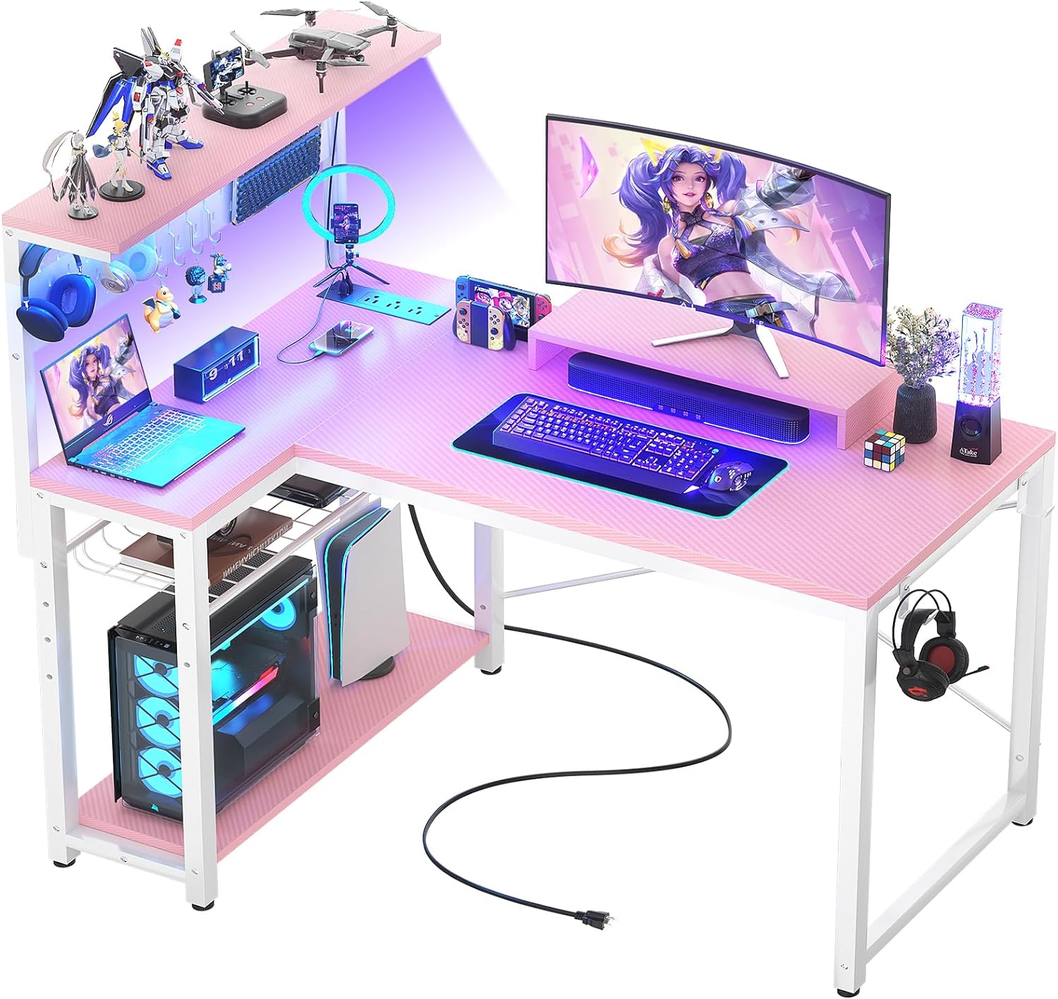 Homieasy Small Gaming Desk with Power Outlets Pegboard LED Light, 43 Inch L Shaped Computer Desk with Monitor Stand Storage Shelves, Reversible Corner Desk with Headset Hooks, Carbon Pink