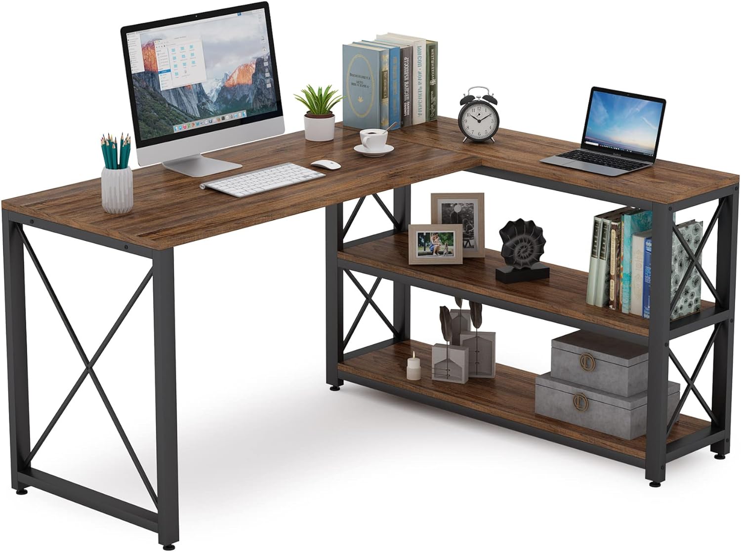 Tribesigns Reversible Industrial L-Shaped Desk with Storage Shelves, Corner Computer Desk PC Laptop Study Table Workstation for Home Office Small Space (Brown, 53)
