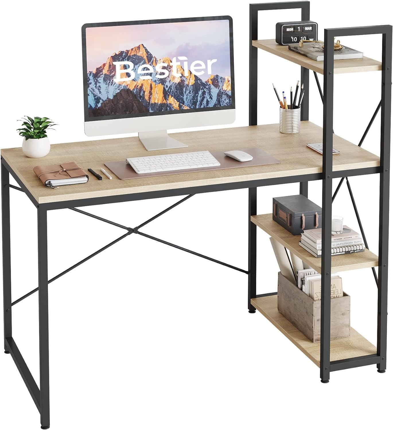 Bestier Computer Desk with Shelves - 47 Inch Small Space Home Office Desks with Bookshelf for Study Writing and Work - Plenty Leg Room and Easy Assemble, Natural Oak