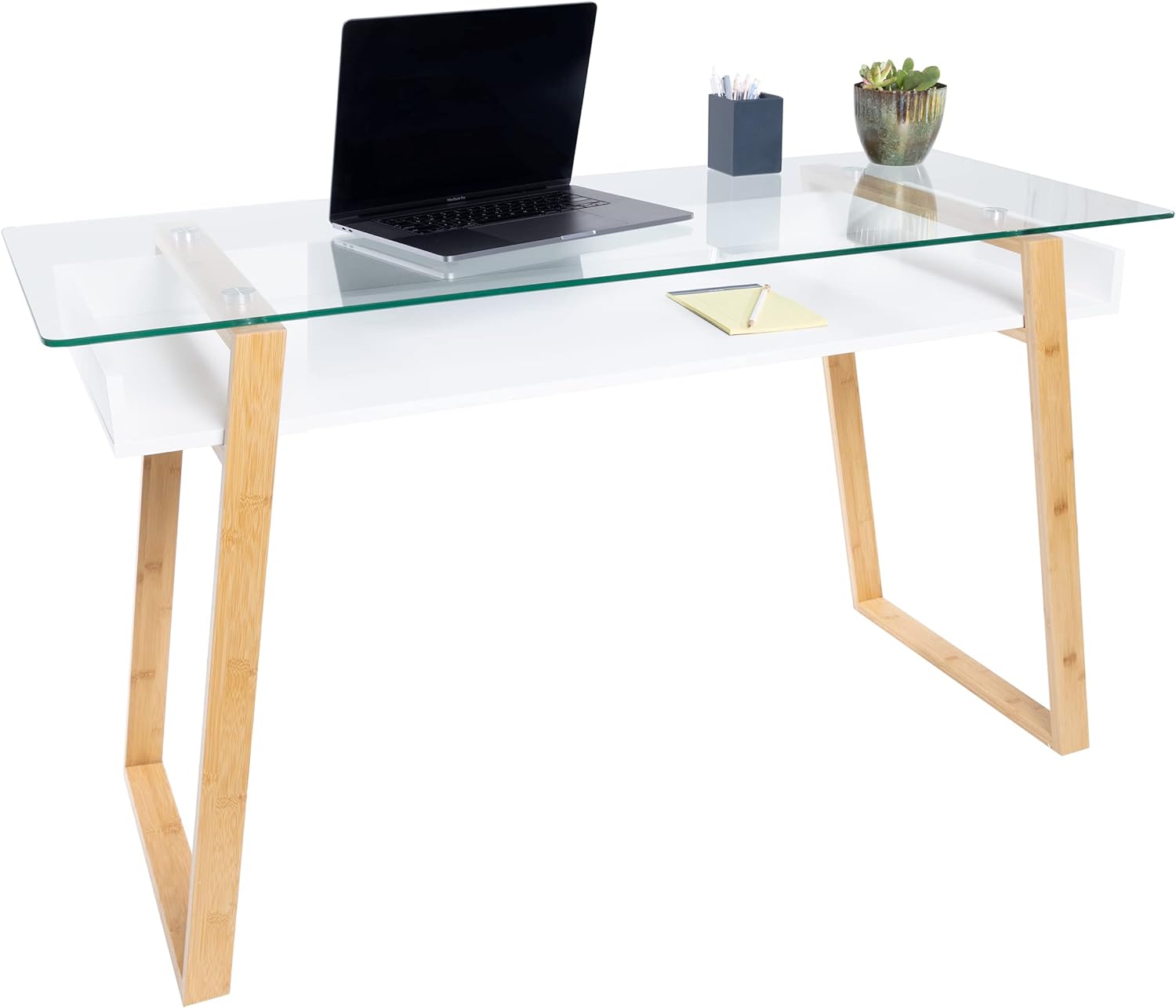 bonVIVO Massimo Small Desk - 47 Inch, Modern Computer Desk for Small Spaces, Living Room, Office and Bedroom - Study Table w/Glass Top and Shelf Space - White