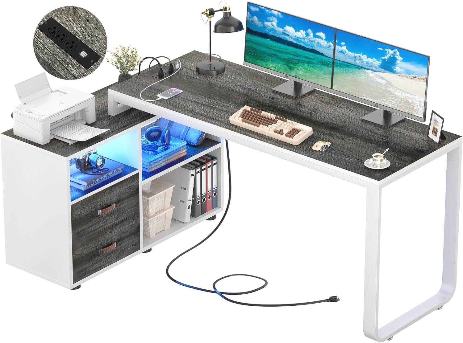 Homieasy L Shaped Desk with File Cabinet & Power Outlet, Reversible 55 Inch Large Corner Computer Desks with LED Strip, L-Shaped Computer Desk with Drawers and Storage Shelves, Grey & White