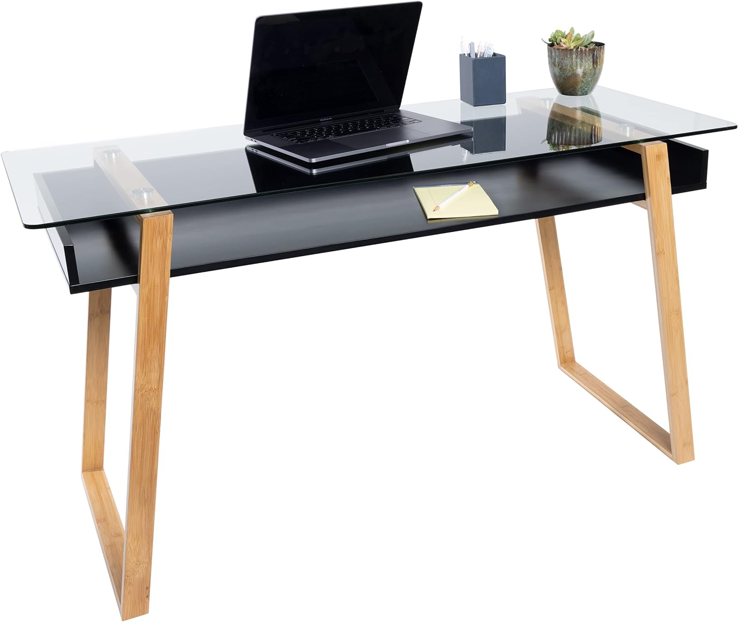 bonVIVO Massimo Small Desk - 55 Inch, Modern Computer Desk for Small Spaces, Living Room, Office and Bedroom - Study Table w/Glass Top and Shelf Space - Black