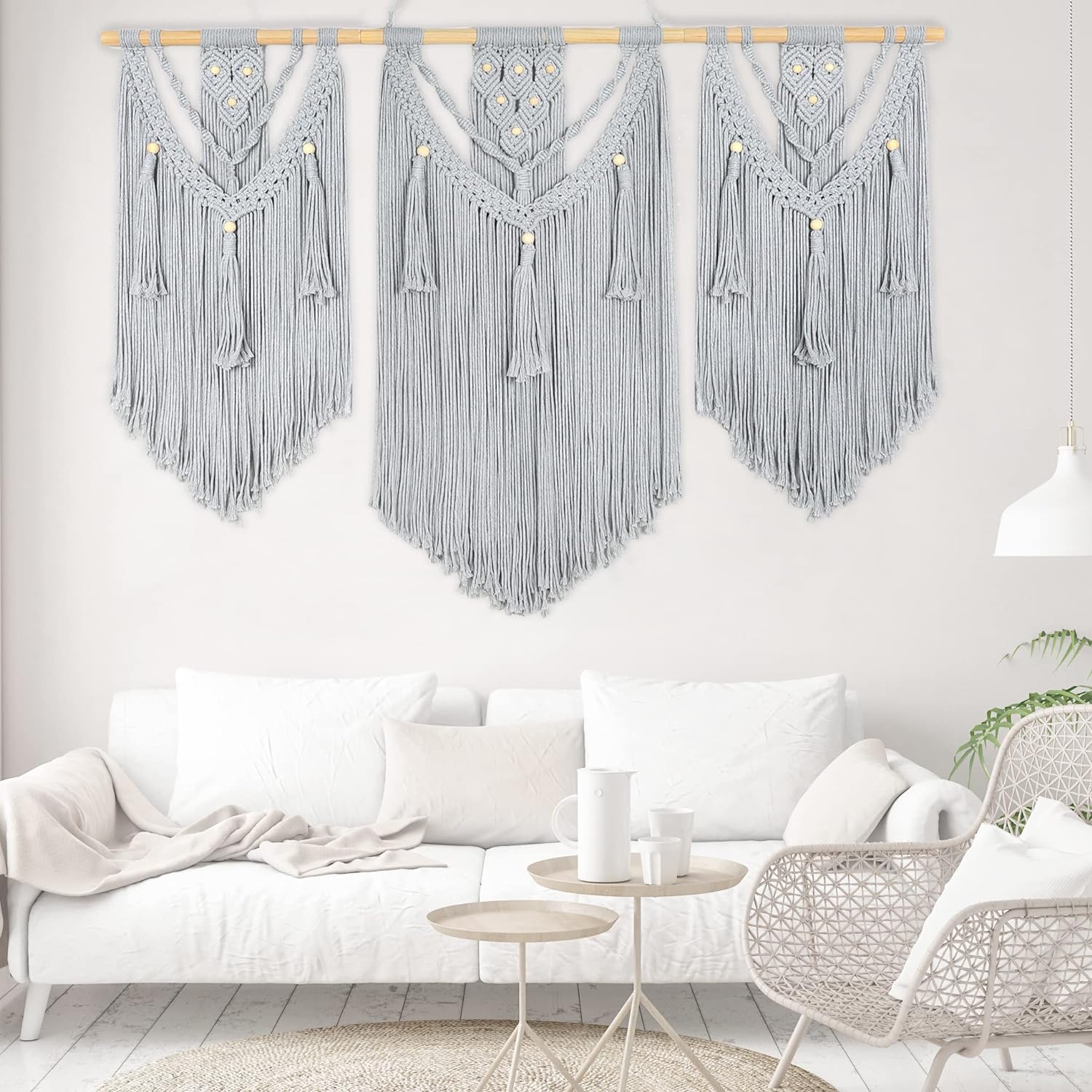 Macrame Wall Hanging Large Boho Natural Cotton Rope Hand-Woven Tapestry, Above Bed Wall Decor for Bedroom with Wood Beades Design(Gray,43in30in)