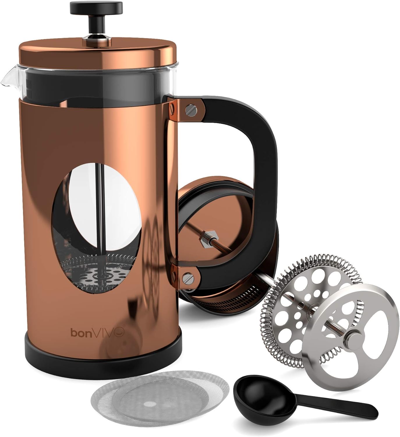 bonVIVO GAZETARO I Large French Press Coffee Maker - Glass French Coffee Press Machine Made of Heat Resistant Stainless Steel and Borosilicate Glass in Copper Finish, With Filter, 34 ounces