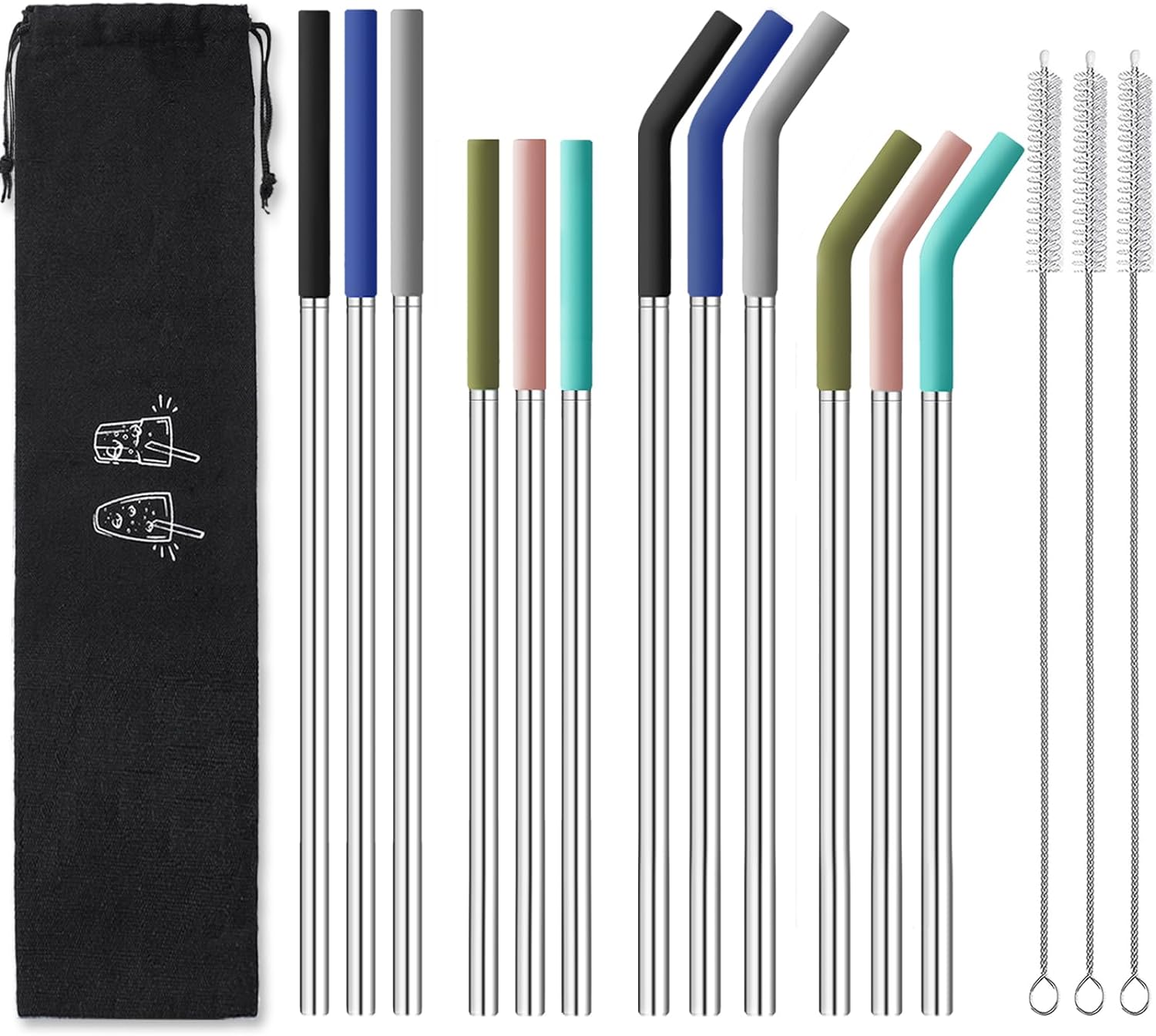 12-Pcs Reusable Metal Straws with Silicone Tips, Stainless Steel Drinking Straws with 3 Cleaning Brushes & 1 Portable Bag- Perfect for 30 oz and 20 oz Tumblers