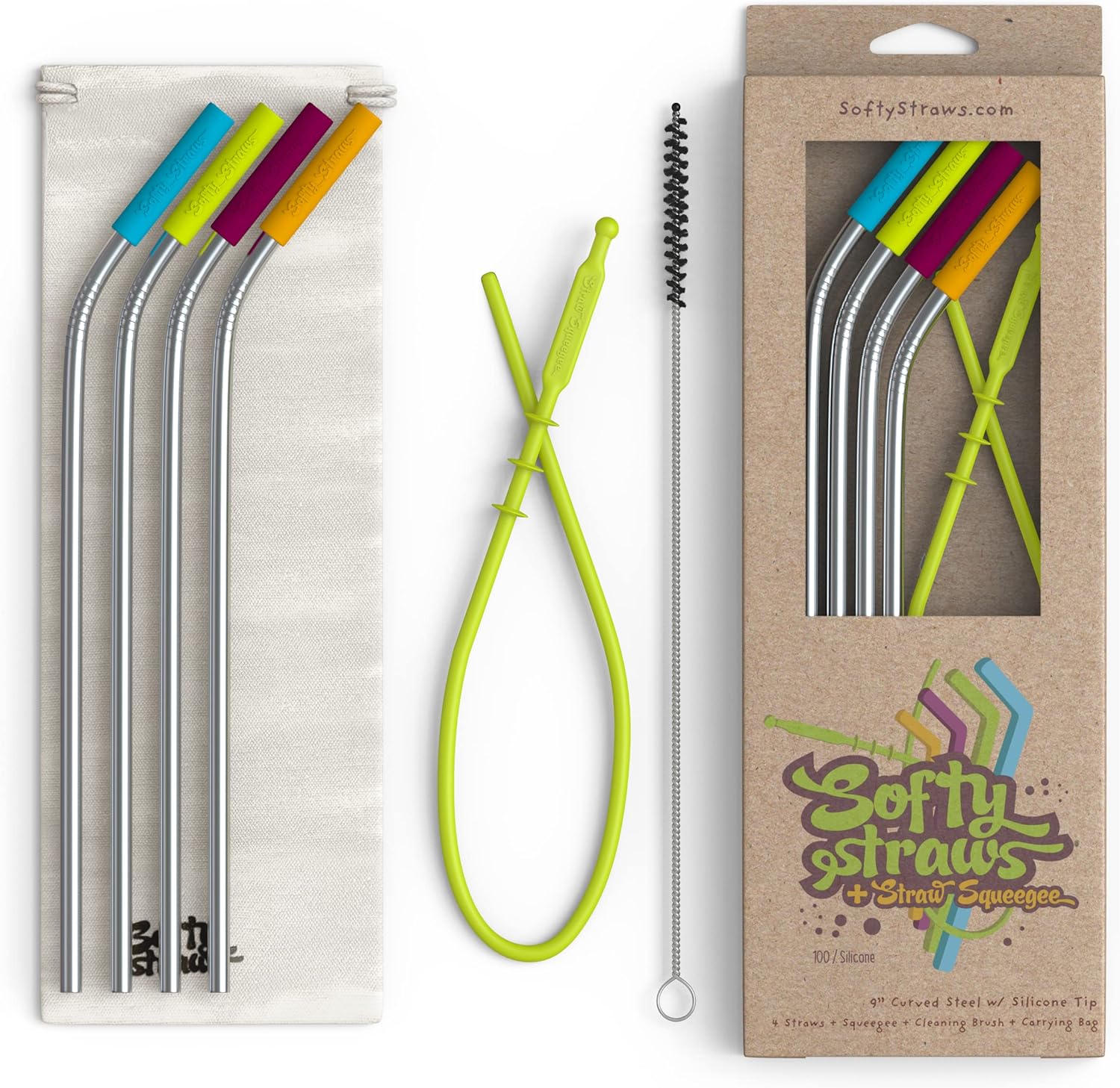 Premium Reusable Stainless Steel Drinking Straws With Silicone Tips + Patented Straw Cleaners and Carrying Case - 9 Long Metal With Curved Bend for 20/30/32oz Tumblers