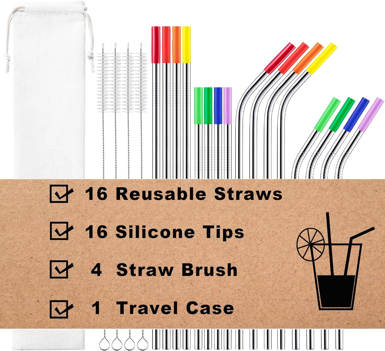 Reusable Stainless Steel Straws -16 Pack 10.5 & 8.5 Reusable Straws with 4 Straw Cleaner Brush and 16 Silicone Tips with 1 Travel Case, Eco Friendly Extra Long Metal Straws for 20 24 30 oz Tumbler