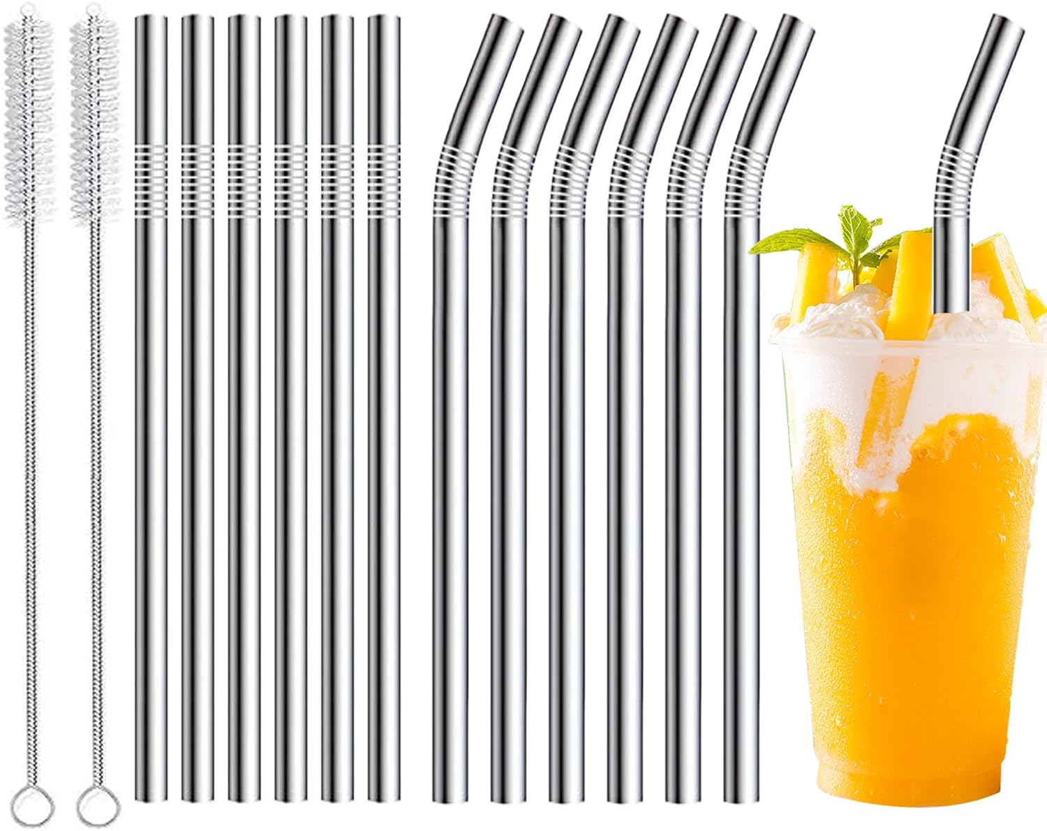 Reusable Straws - Metal Straws Dishwasher Safe - Drinking Stainless Steel Straws for 12 oz and 20 oz Tumblers - 2 Cleaning Brushes Included