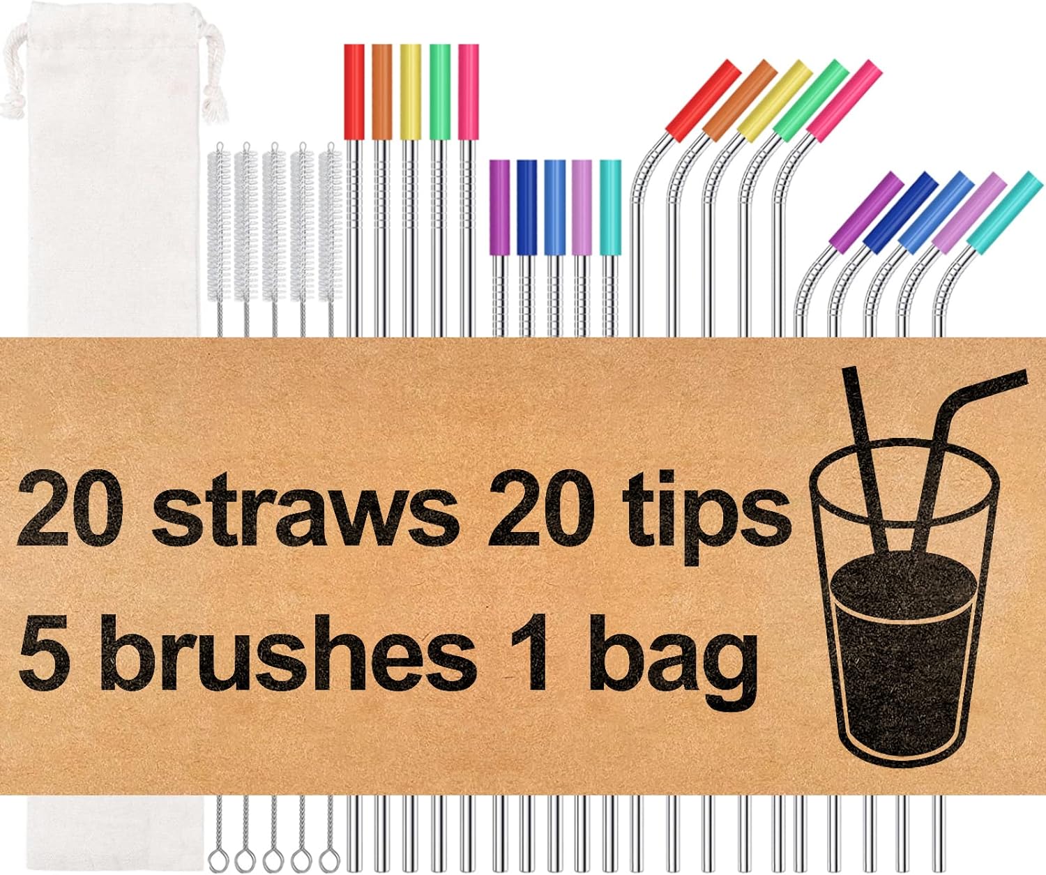 20 Pack Reusable Stainless Steel Metal Straws,10.5 & 8.5 Reusable Drinking Straws with 20 Silicone Tips 5 Straw Brushes 1 Travel Case,Eco Friendly Extra Long Metal Straw Fit for 20 24 30 oz Tumbler