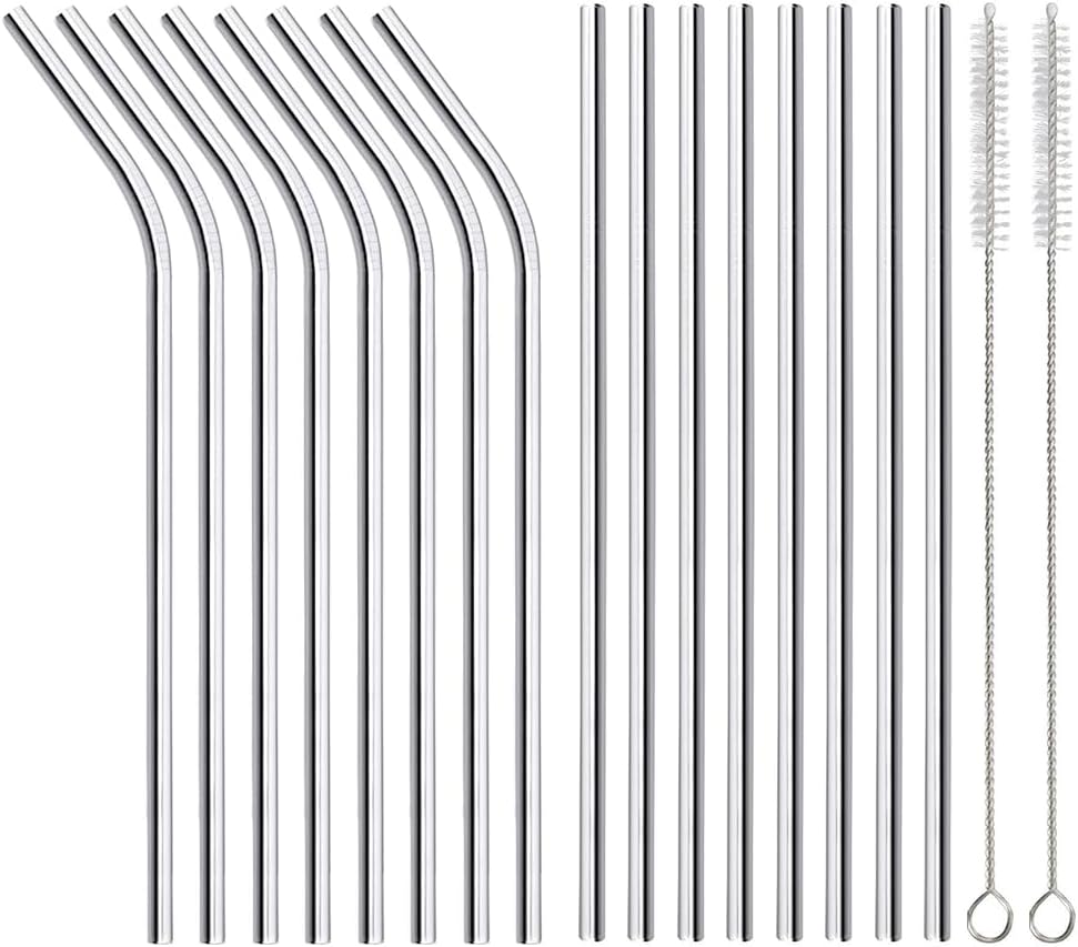 16 Pack of Reusable Stainless Steel Metal Straws, 8 Straight + 8 Bent 8.5 inch Environmentally Friendly Metal Straws Straw Compatible with 20oz Stanley CupInclude 2 Cleaning Brushes