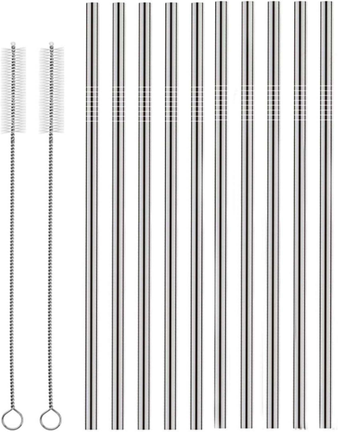 Set of 10 Stainless Steel Straws, HuaQi Straight Reusable Straight Drinking Straws 10.5'' Long 0.24 Dia for 30 oz Tumbler and 20 oz Tumbler, 2 Cleaning Brush Included