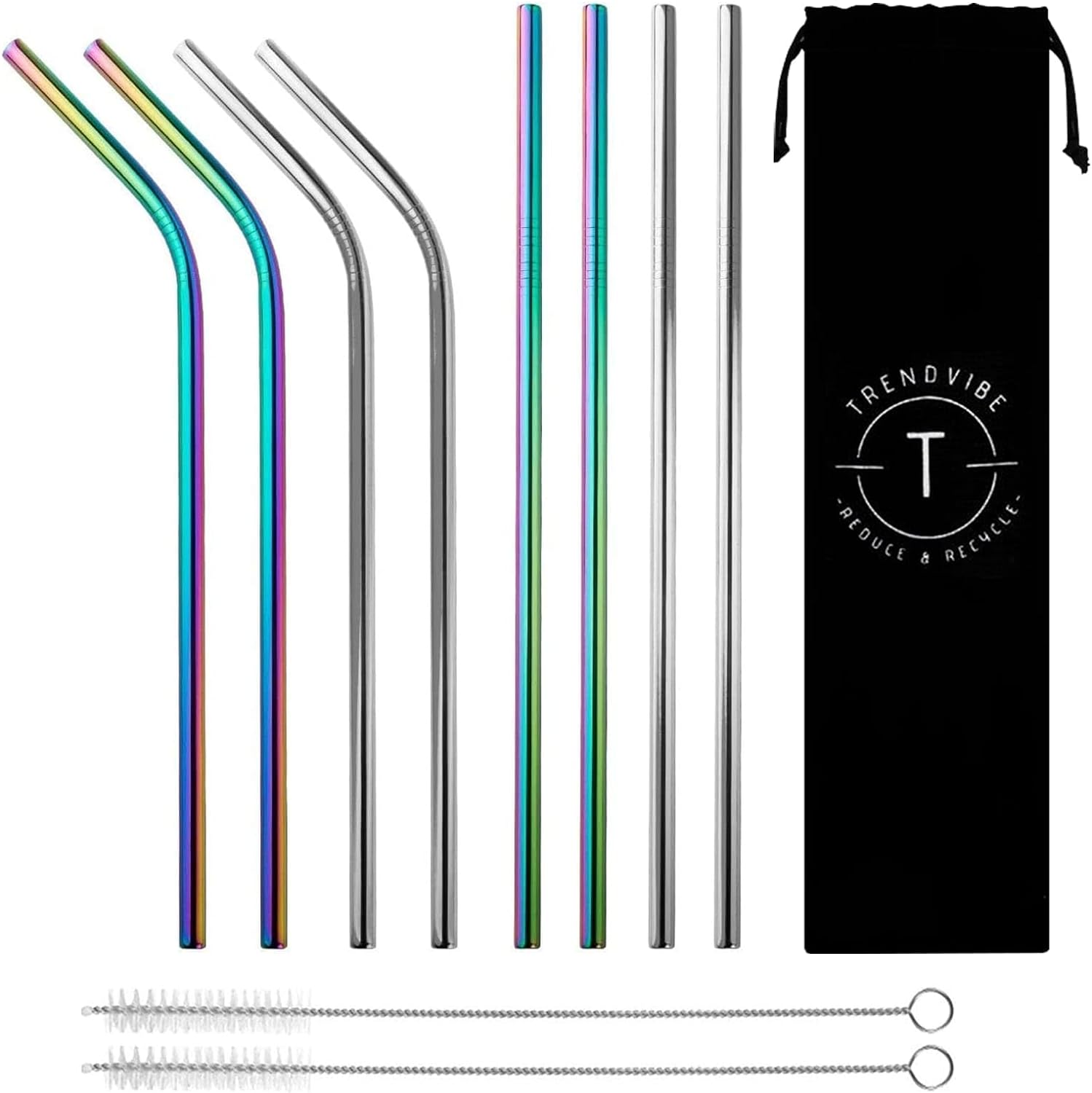 8-Pack, Reusable Stainless Steel Metal Straws with Case  Colorful Rainbow Drinking Straws for 20 oz Tumblers with 2 Cleaning Brushes - Size 8.5 6mm, Reusable straws