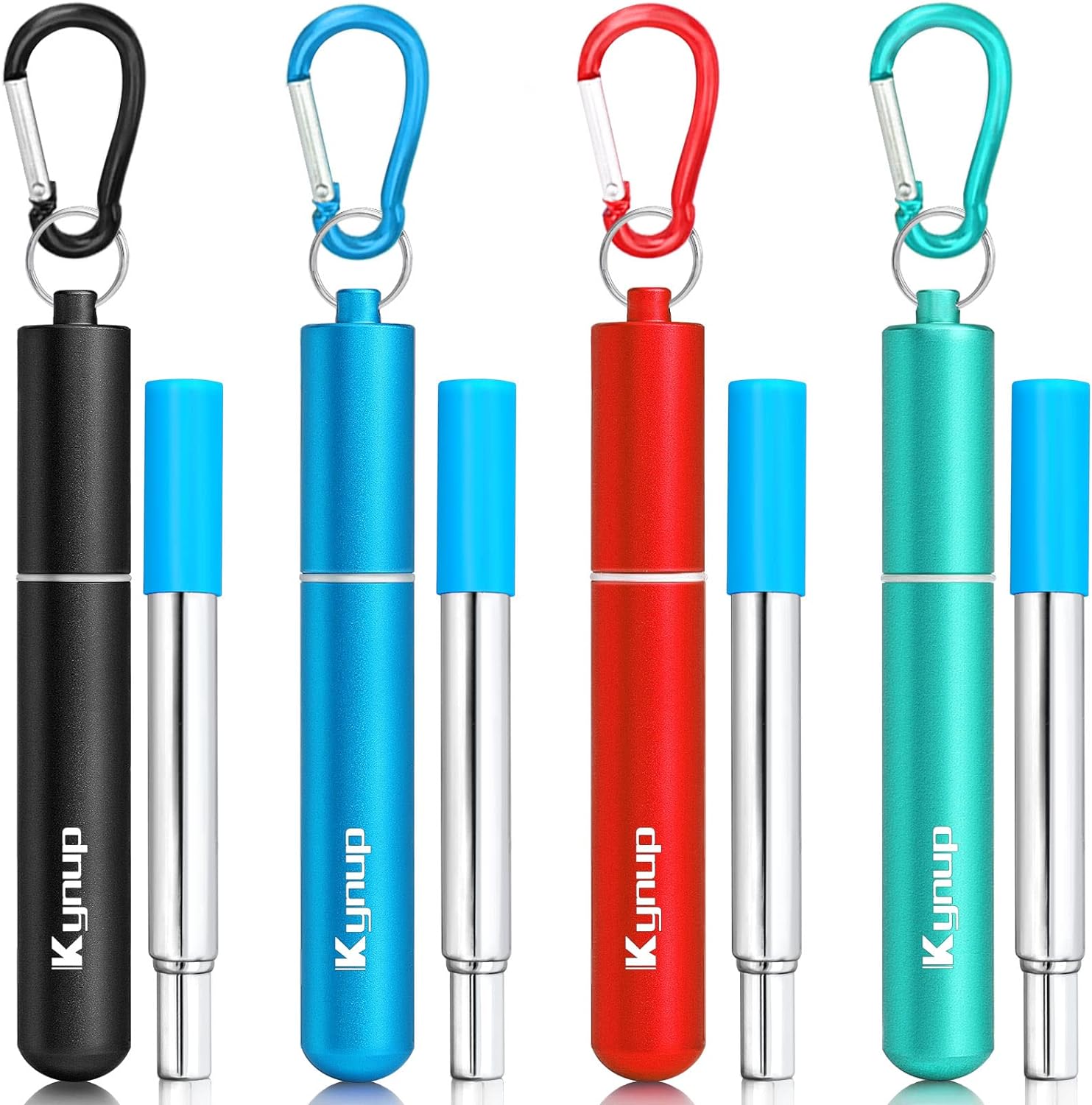 Kynup 4Packs Reusable Straws, Metal Straw with Silicon, Travel Drinking Straws with Metal Case, Keychain, Cleaning Brushes, Silicon Pcs Perfect for Travel, Gifts (20 PCS) Blue-Black-Red-Turquoise