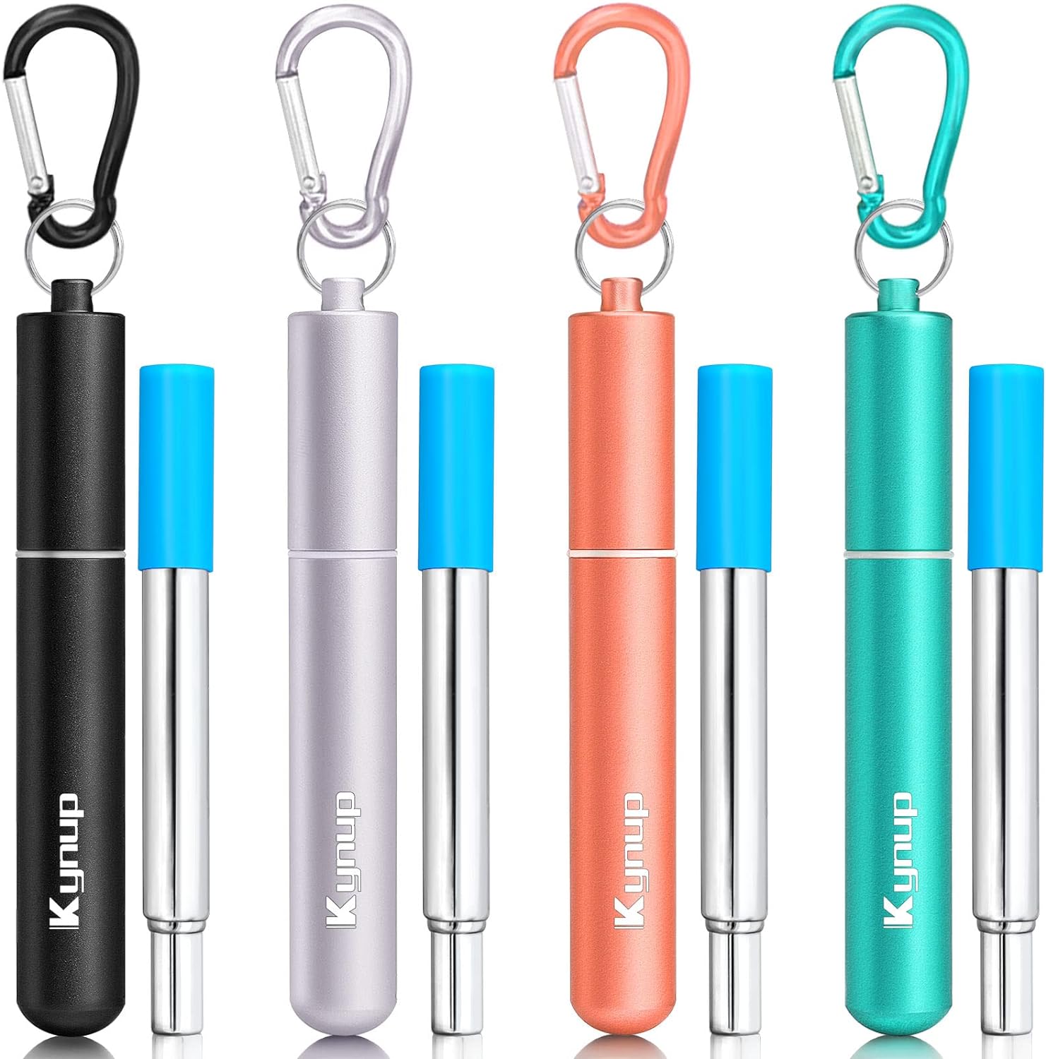 Kynup 4Packs Reusable Straws, Metal Straw with Silicon Pcs, Travel Drinking Straws with Metal Case, Keychain, Cleaning Brushes, Perfect for Travel, Gifts (20 PCS) Black+Silver+ Rose Gold+Turquoise