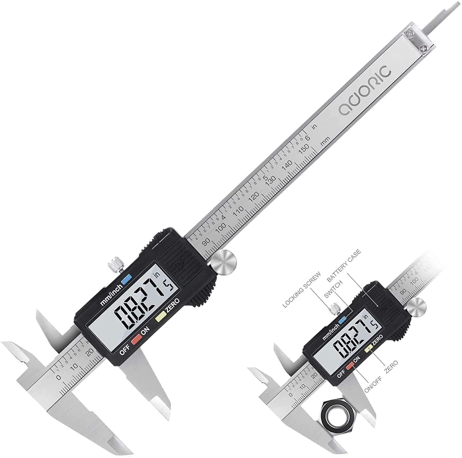 Adoric Digital Caliper, Electronic Digital Caliper Stainless Steel Body with Large LCD Screen | 0-6 Inches | Inch/Millimeter Conversion