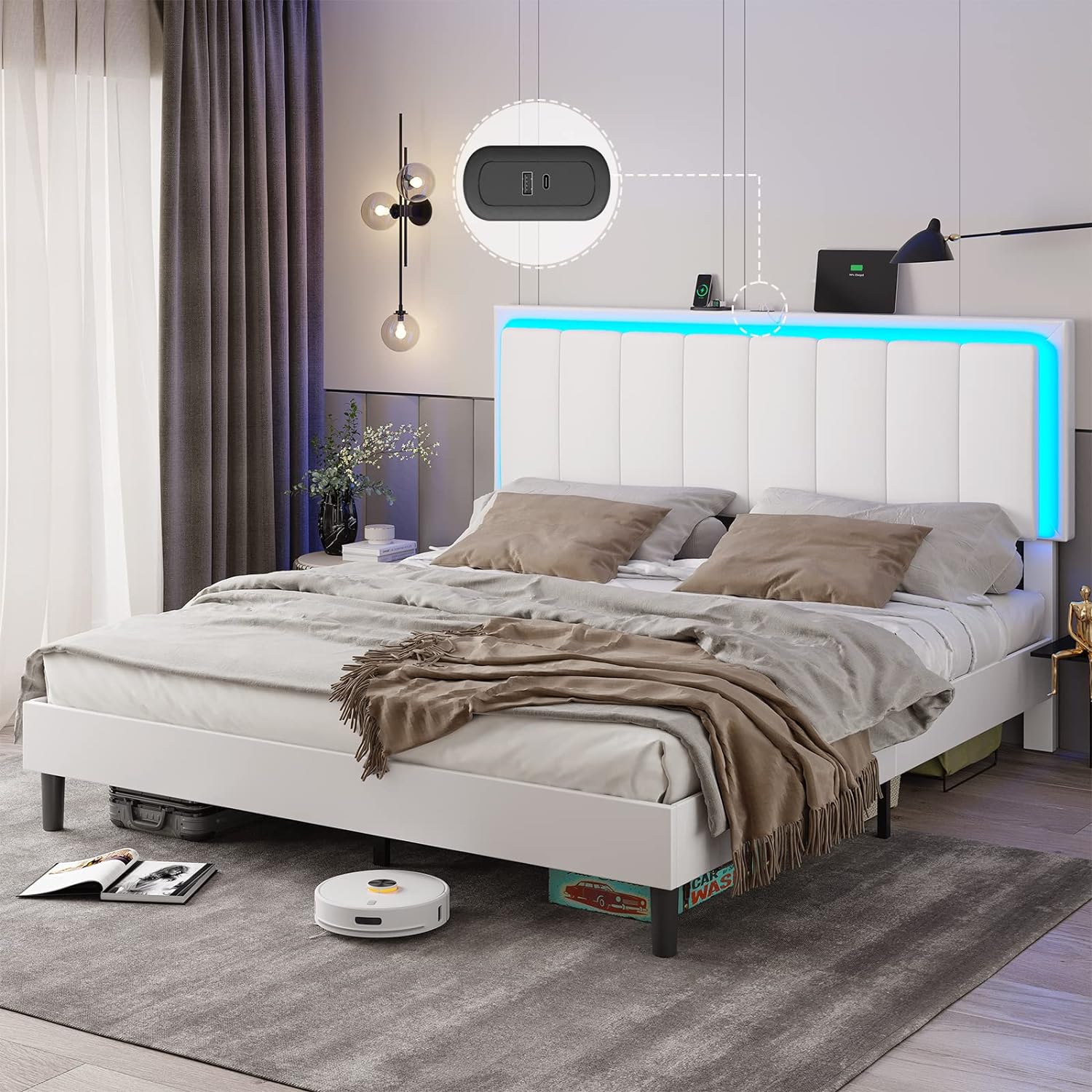 Hasuit Queen Bed Frame with Headboard and LED Light, Vegan Leather Platform Bed Queen Size with Charging Station, Upholstered Headboard Height Adjustable, Noise Free, Easy Assembly, White