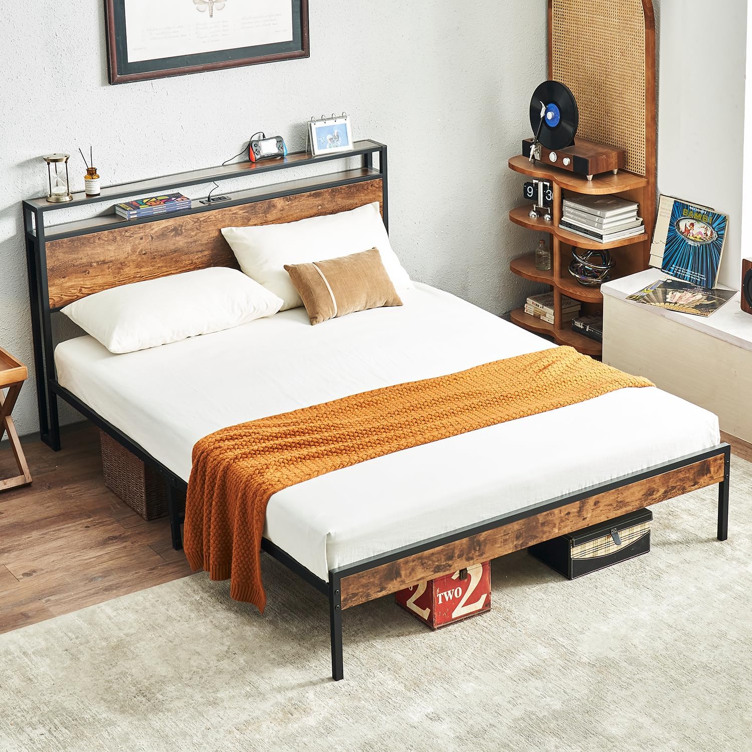 Virabit Queen Size Metal Bed Frame with Headboard, Platform Queen Bed Frame with Charging Station and Wood Footboard, Steady and Noiseless, No Box Spring Needed, Easy Assemble(Brown).