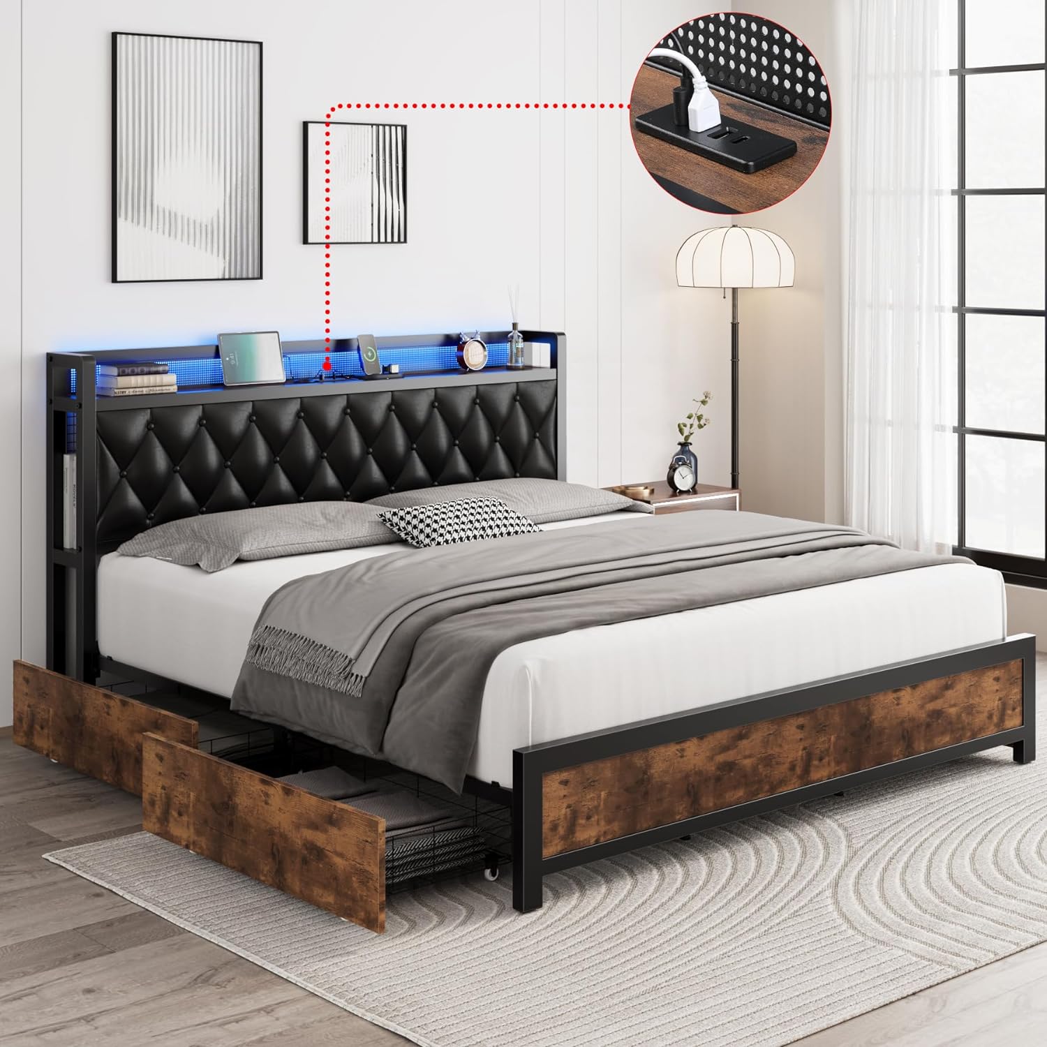 Keyluv King LED Bed Frame with Pu Leather Storage Headboard & 4 Drawers, Upholstered Platform Bed with 3 USB & 1 Type-C Charging Ports, No Box Spring Needed, Noise Free, Easy Assembly, Black