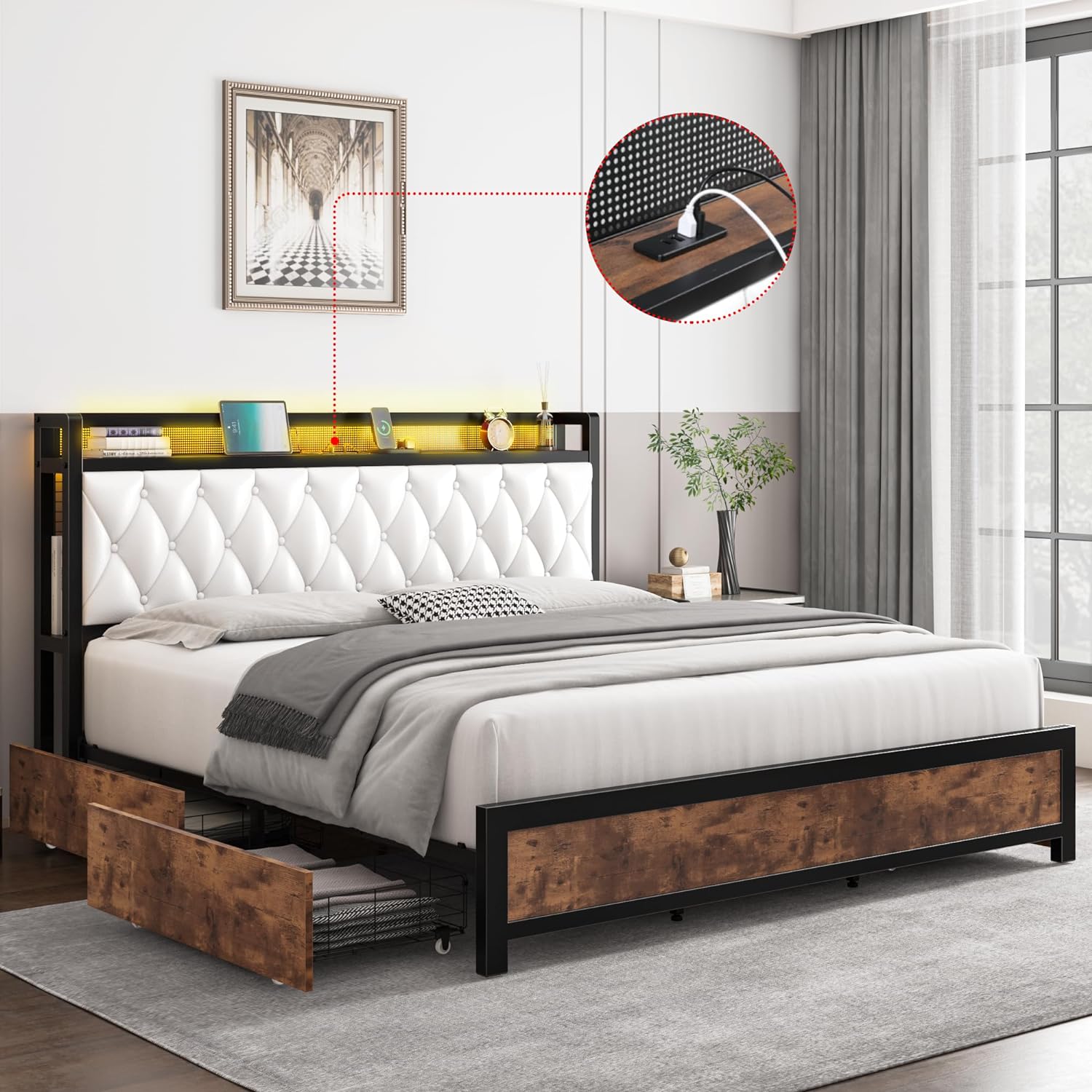 Keyluv King LED Bed Frame with Pu Leather Storage Headboard & 4 Drawers, Upholstered Platform Bed with 3 USB & 1 Type-C Charging Ports, No Box Spring Needed, Noise Free, Easy Assembly, White