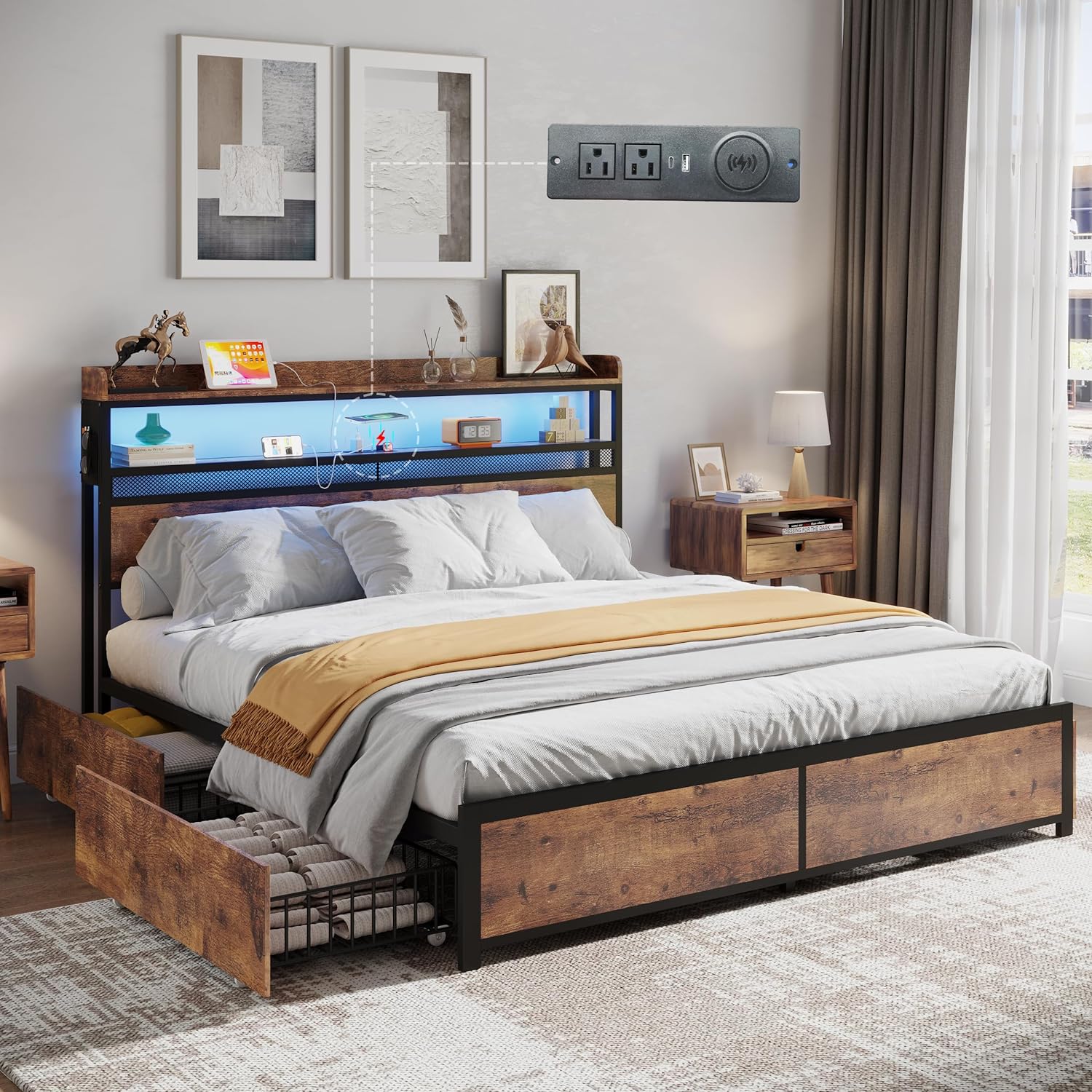 Full Bed Frame with 4 Storage Drawers, LED Bed Frame with Wireless Charging & Outlets & USB & Type-C Port, Metal Platform Bed Frame with 2-Tier Storage Headboard, No Box Spring Needed(Full)