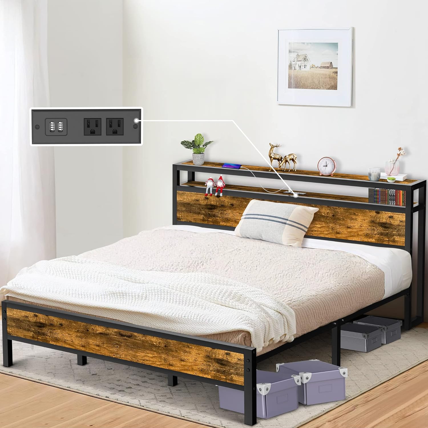 King Size Bed Frame Industrial Platform Bed with Charging Station 2-Tier Storage Headboard and Strong Support Legs, Noise-Free, No Box Spring Needed, Vintage Brown