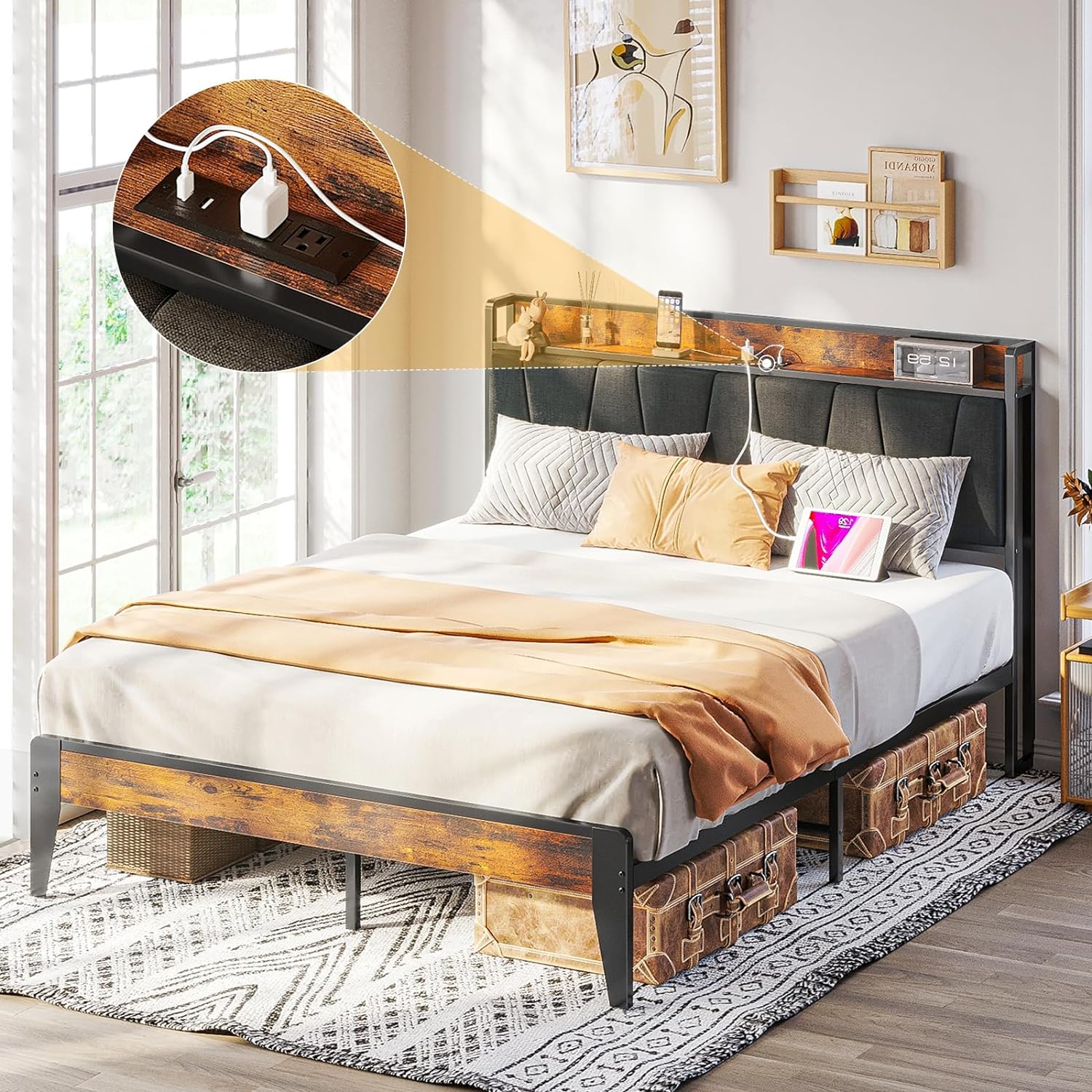 Queen Size Bed Frame, Storage Headboard with Charging Station, Stylish Retro Design, Easy to Assemble