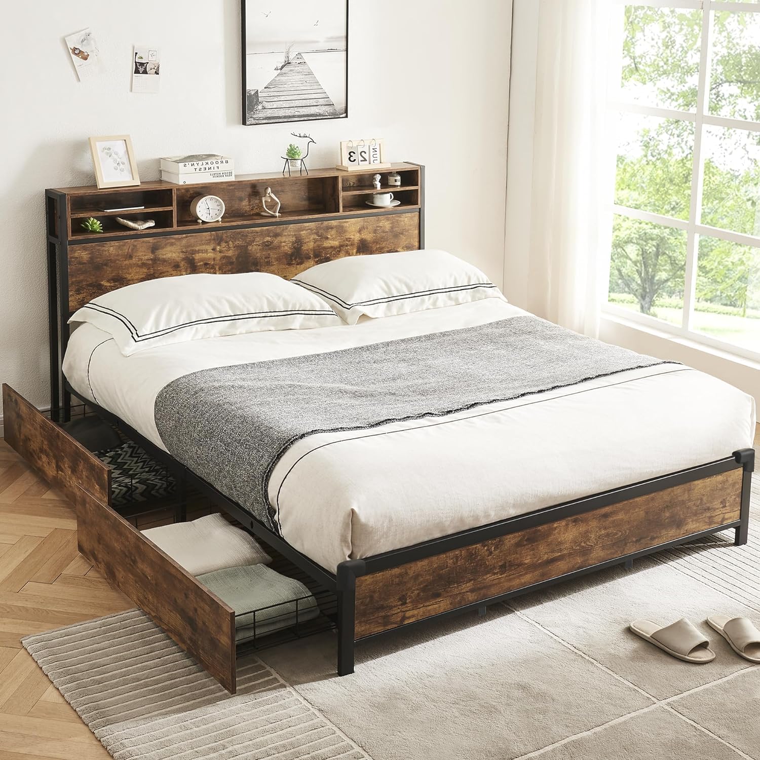 King Bed Frame with Storage, Wooden Platform Bed with Bookcase Headboard, 4 Drawers, Industrial Metal Storage Bed, No Box Spring Needed, Easy Assembly (Vintage Brown, King (U.S. Standard))