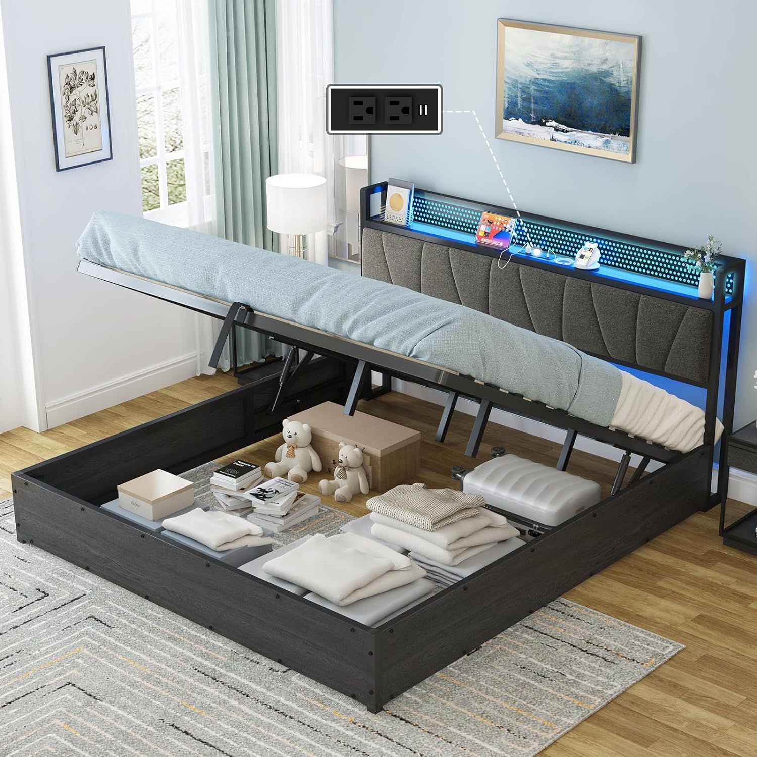 King Size Lift Up Bed Frame with Linen Upholstered & LED Light & Storage Headboard, Platform Bed Frame with Charging Station, No Box Spring Needed, Noisy Free, Black