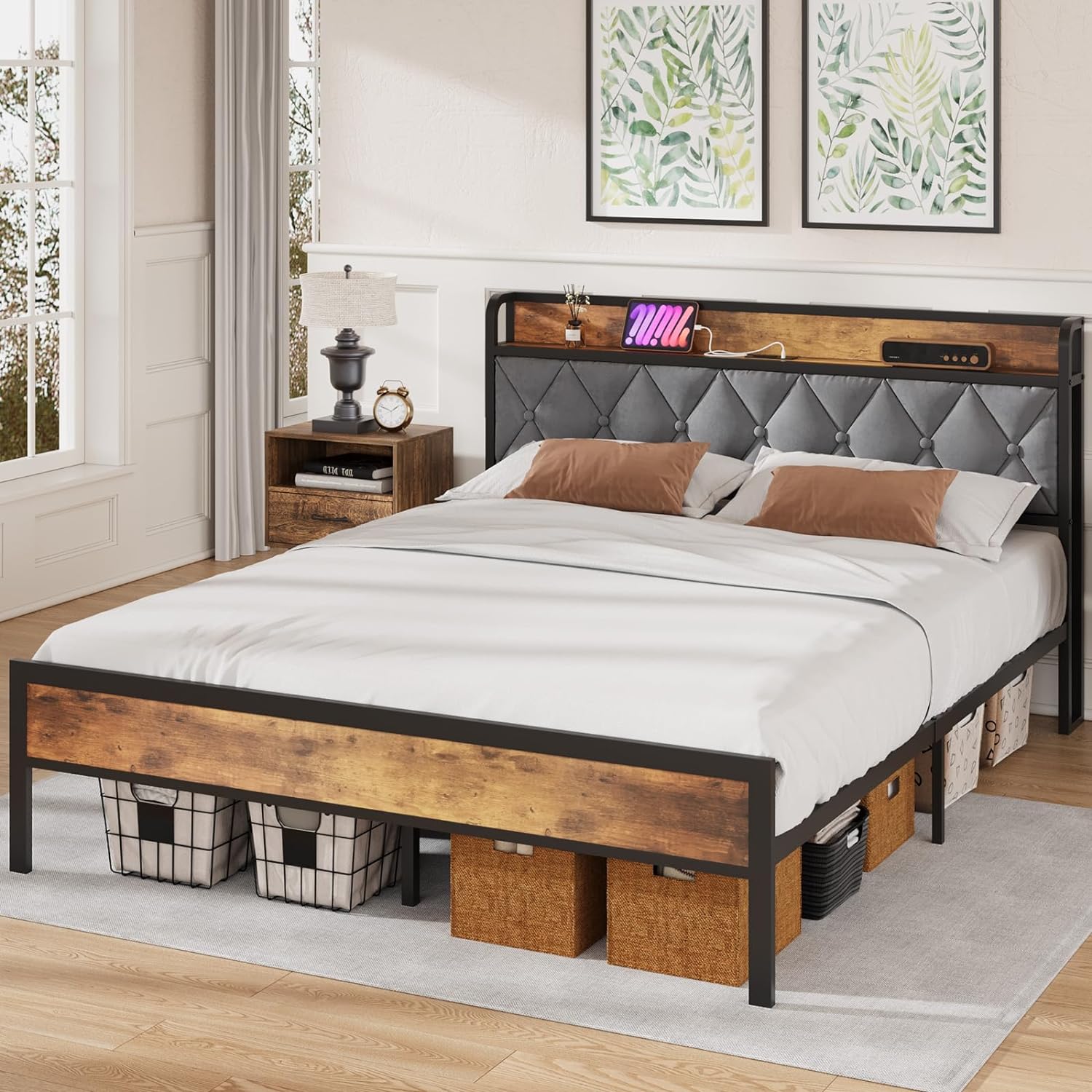 Full Bed Frame with Storage Headboard, Charging Station, 10.2'' Under-Bed Space, Wooden Fabric Metal Sturdy Platform, Heavy-Duty, Noise-Free, No Box Spring Needed, Easy Assembly