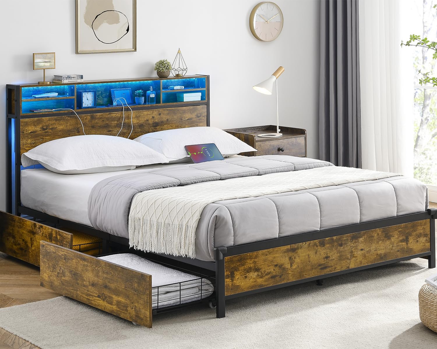 Queen Bed Frame with Headboard and Drawers, Bookcase Headboard with Charging & LED Lights, Wooden Platform Storage Bed Frame Queen Size, No Box Spring Need