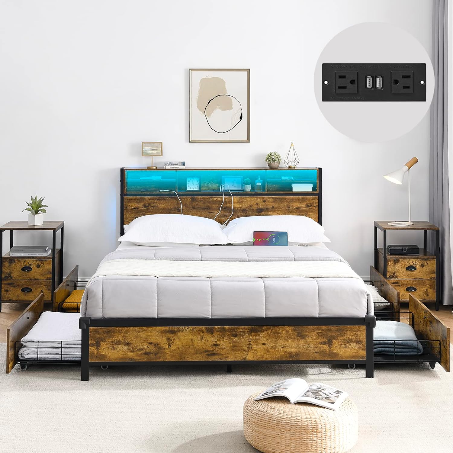 Alohappy LED Bed Frame Full Size with Outlets and Bookcase Headboard, Metal Platform Bed Full with 4 Storage Drawers and RGB LED Lights Headboard, No Box Spring Needed, Noise-Free,Vintage Brown