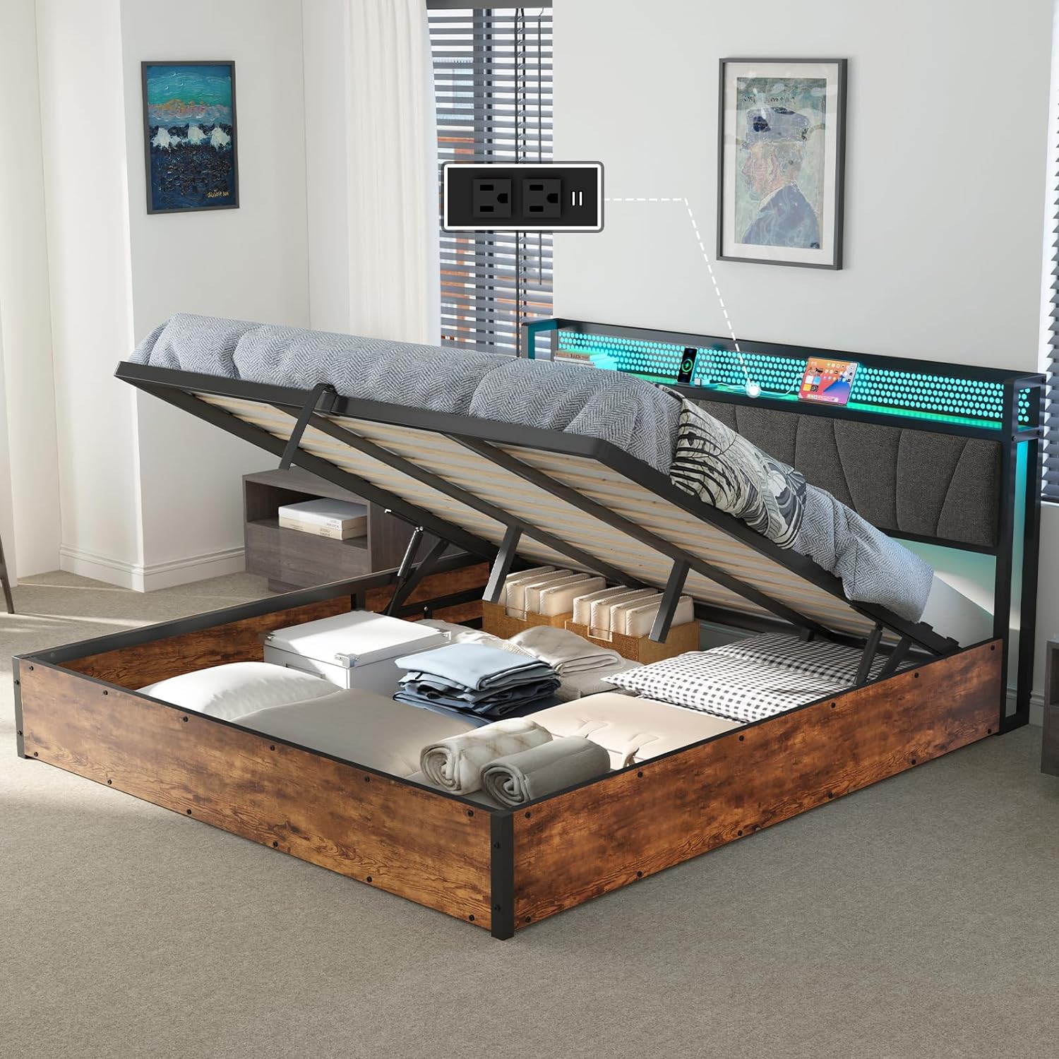 King Size Lift Up Bed Frame with Linen Upholstered & LED Light & Storage Headboard, Platform Bed Frame with Charging Station, No Box Spring Needed, Noisy Free, Rustic Brown