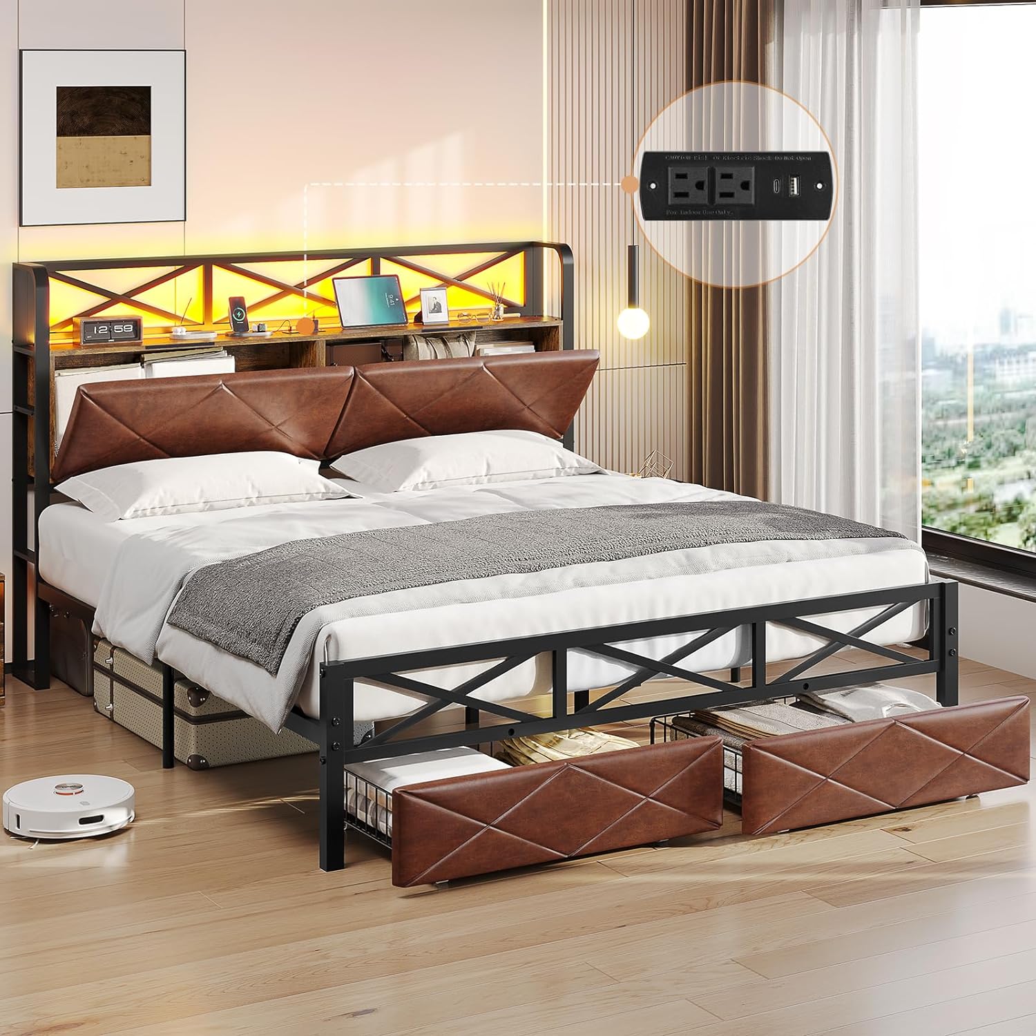 DICTAC Queen Size LED Bed Frame with Storage Headboard & Hidden Storage, Brown Leather Upholstered Platform Bed with 2 Storage Drawers, Metal Bed Frame with Type-C & USB Charging Station