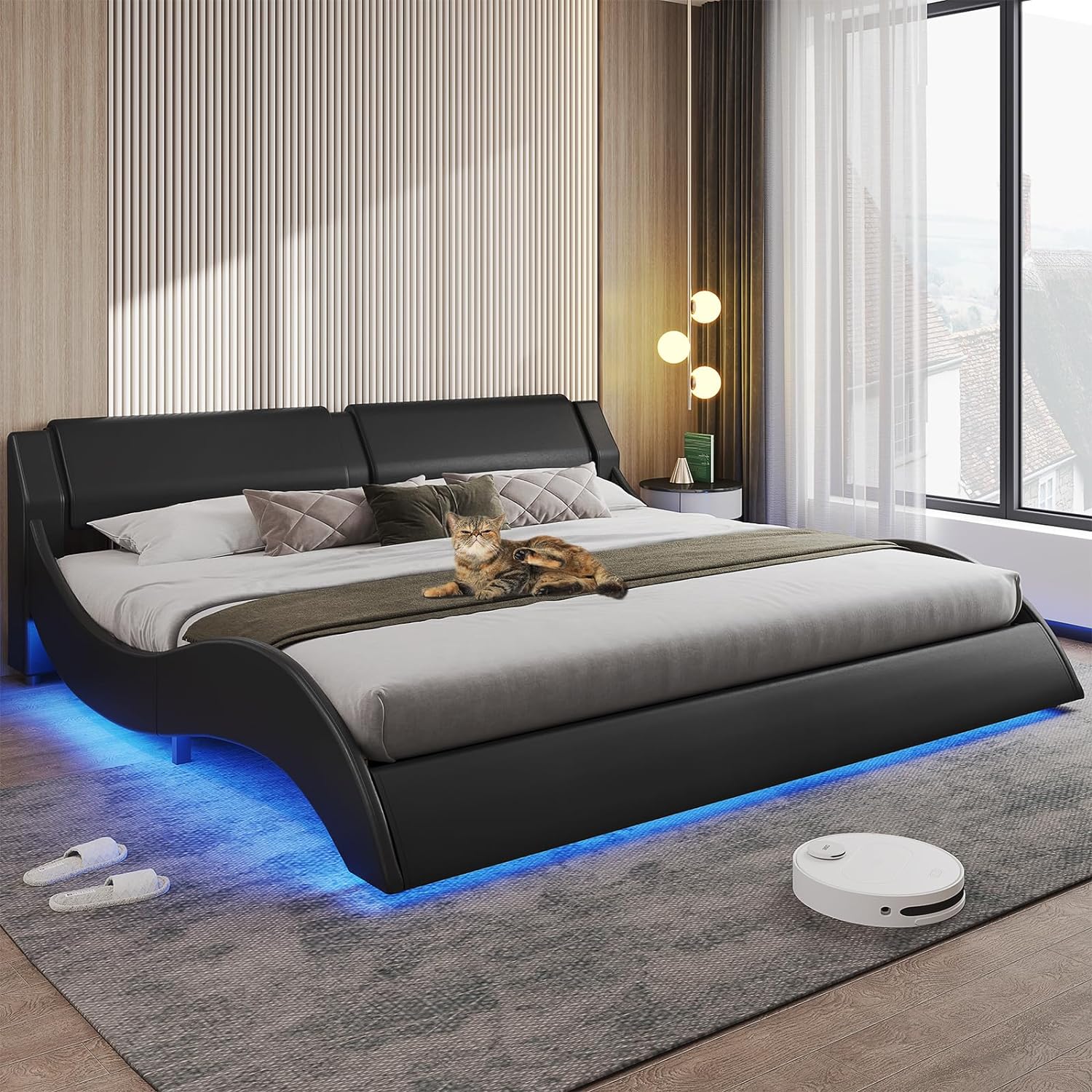 DICTAC King Led Bed Frame Modern Faux Leather Low Profile Platform Bed Frame King Size with RGB LED Lights and Headboard Wave Like Curve King Bed Frame,Wood Slats Support,Easy Assembly,Black