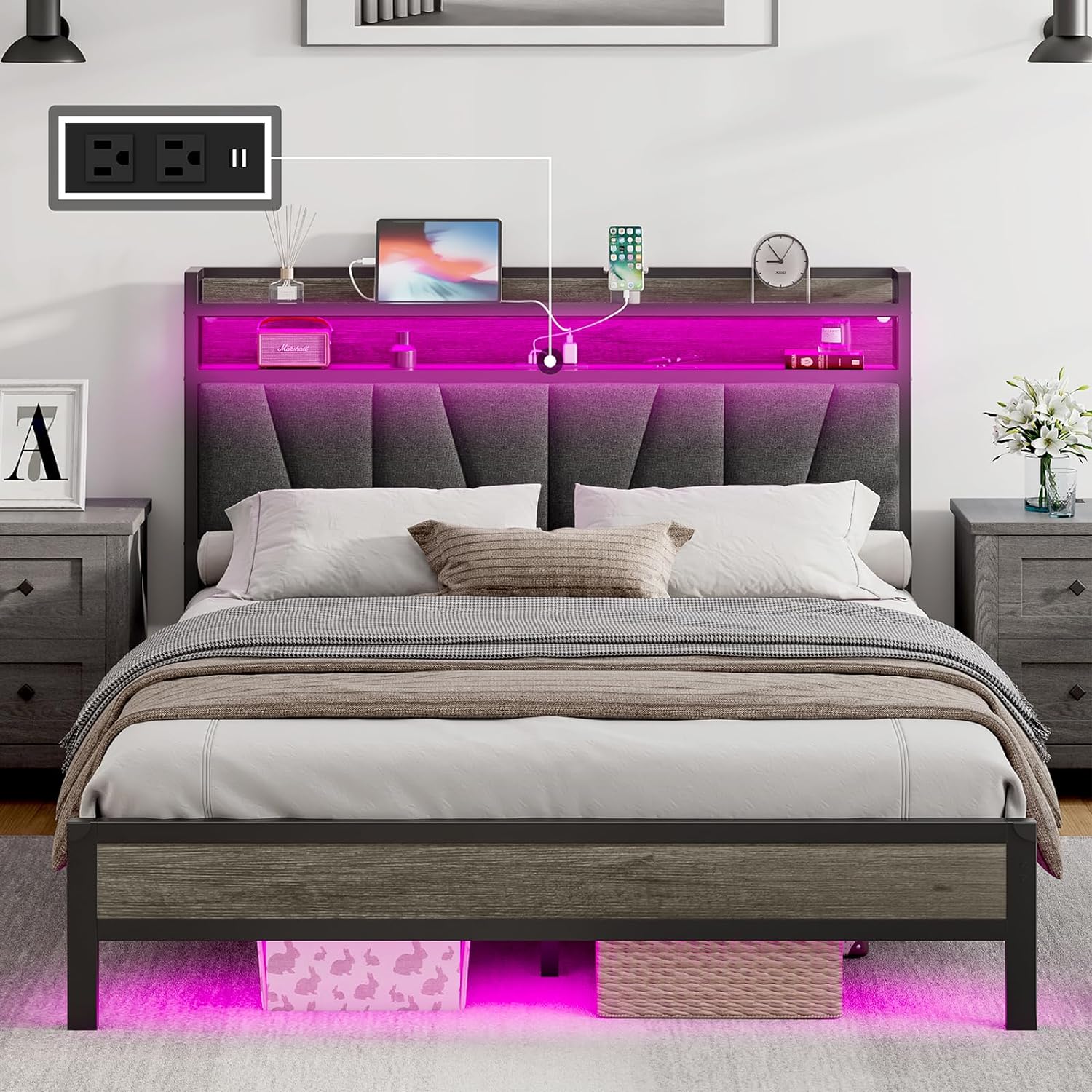 King Size LED Bed Frame, Storage Headboard with Charging Station & RGBW LED Light, Linen Upholstered Headboard, Heavy Duty Metal Slats, No Box Spring Needed, Rustic Gray