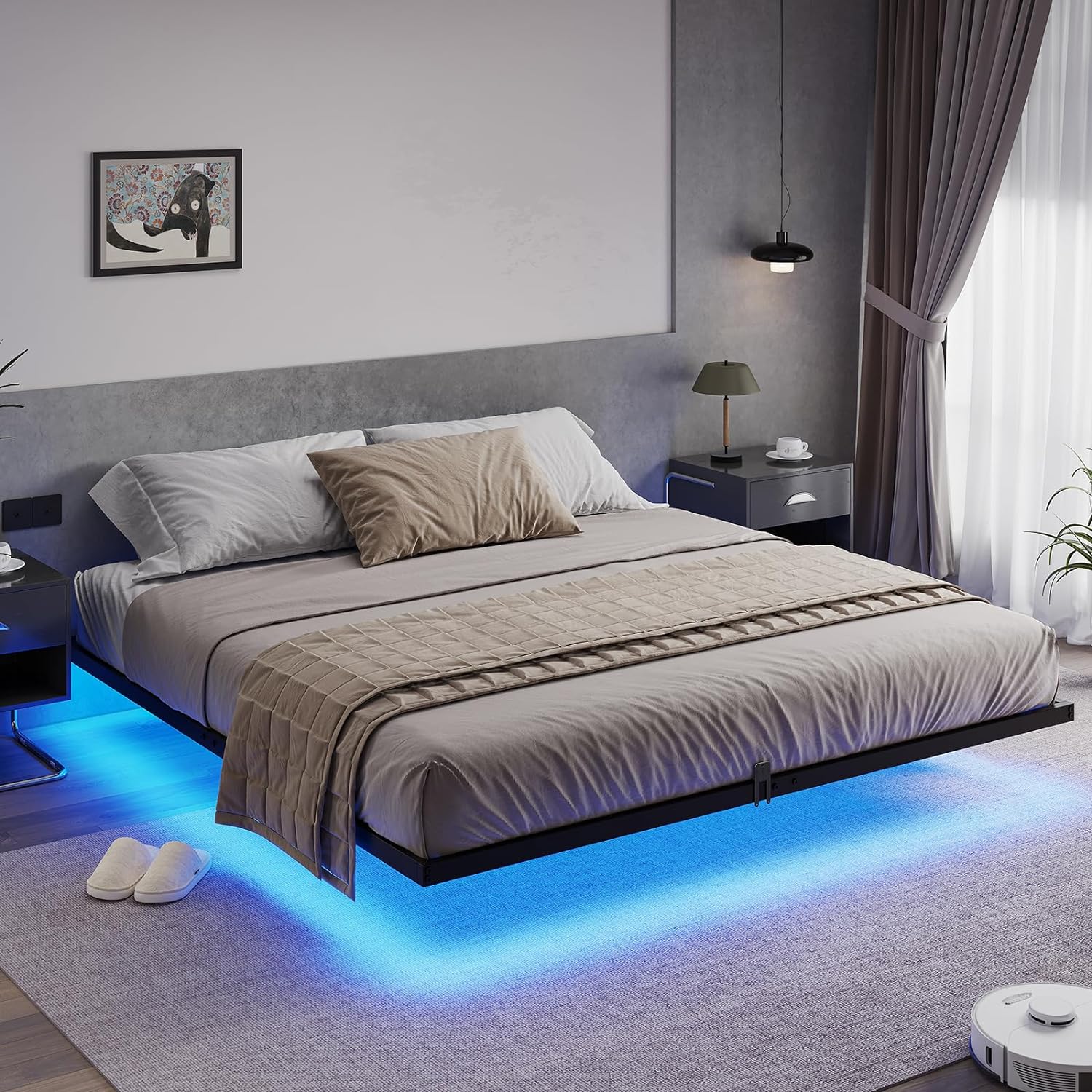 Hasuit Floating Bed Frame King Size with LED Lights, Metal Platform King Bed, No Box Spring Needed, Easy to Assemble (King)