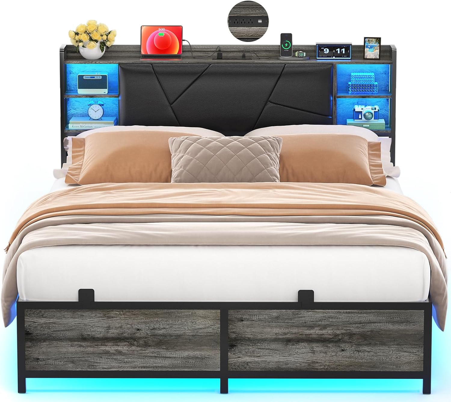 Unikito Queen Size Bed Frame with Charging Station and Cool LED Lights, Sturdy Platform Bed with Upholstered Storage Headboard, Heavy Duty Metal Slats, Noise Free, No Box Spring Needed, Black Oak