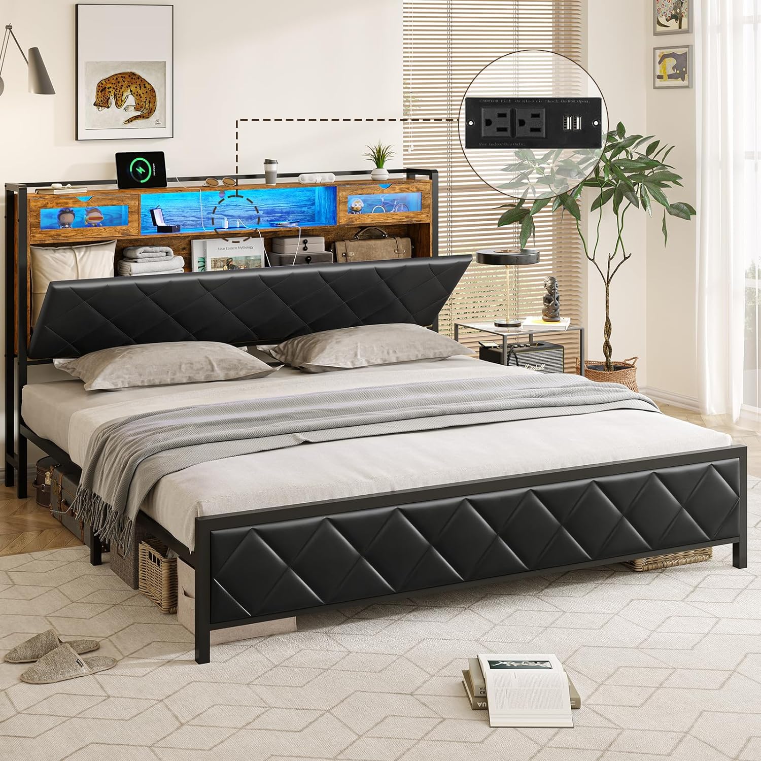 DICTAC LED King Bed Frame with Hidden Storage Headboard and Charging Station King Size Platform Bed with Led Lights and Upholstered Storage Headboard,Heavy Duty Metal Slats,No Box Spring Needed,Black