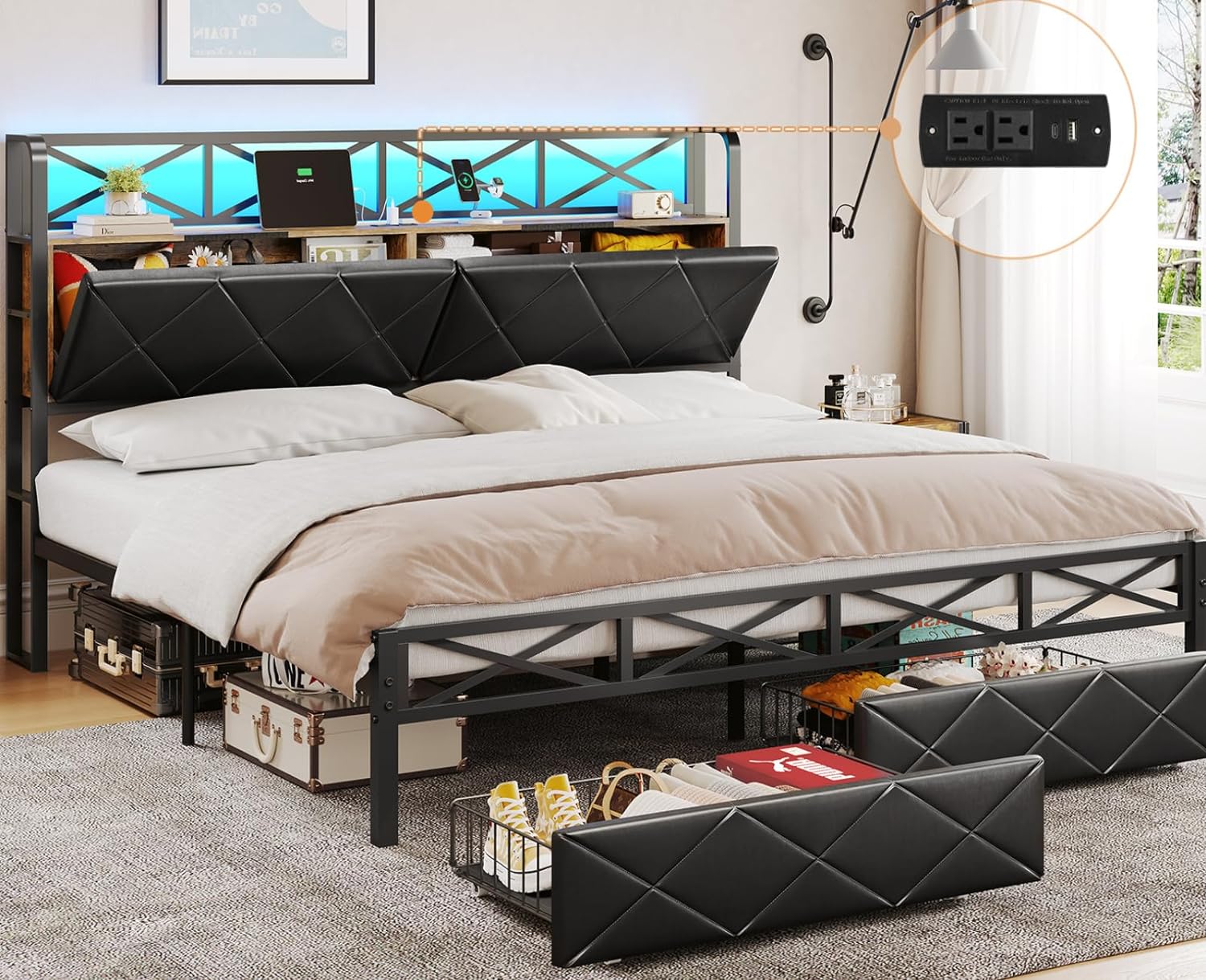 DICTAC King Size Bed Frame with Storage Headboard and 2 Drawers Metal King Platform Bed with Led Lights and Hidden Storage Upholstered LED Bed Frame King Size with Outlets,No Box Spring Needed,Black