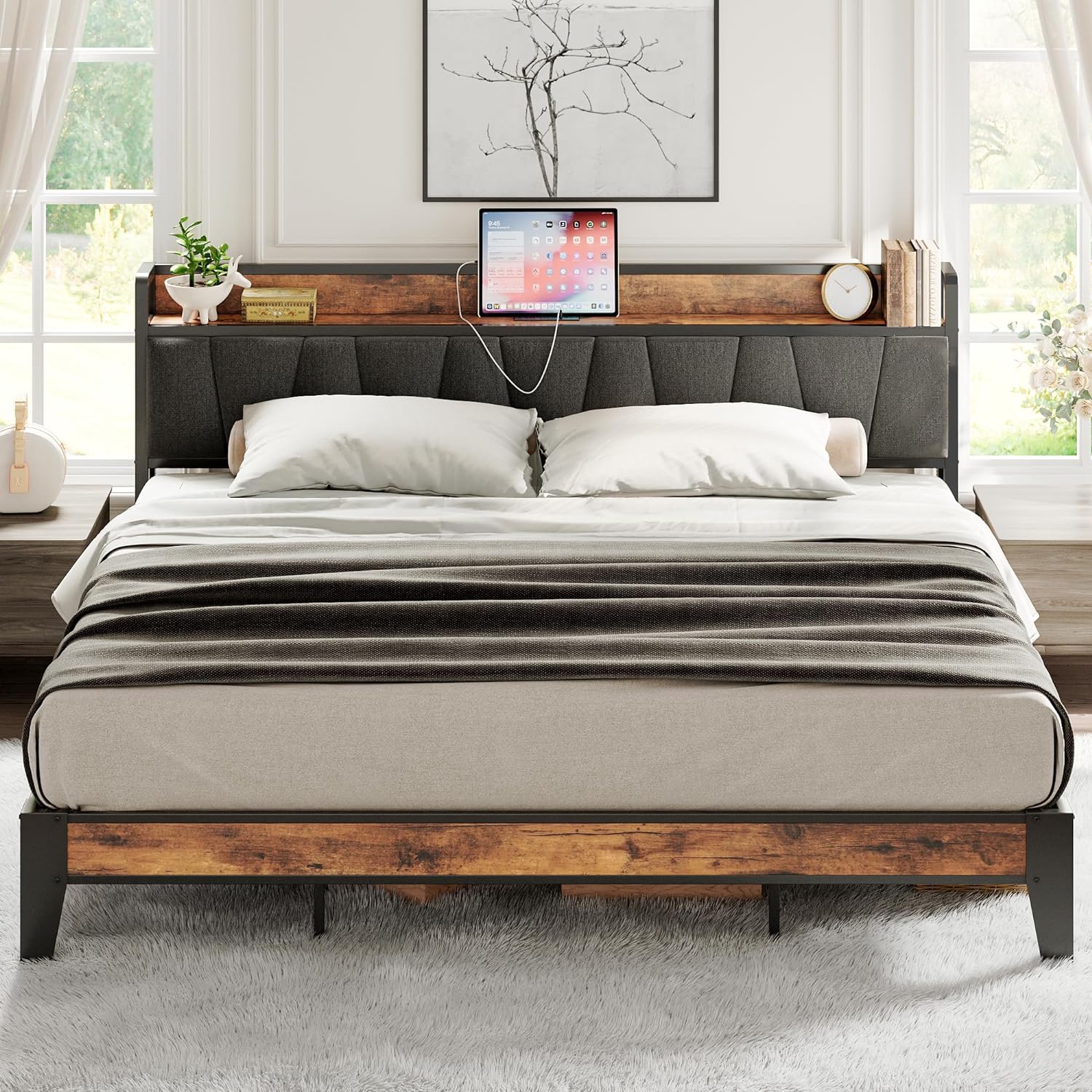 LIKIMIO King Size Bed Frame, Storage Headboard with Charging Station, Solid and Stable, Noise Free, No Box Spring Needed, Easy Assembly