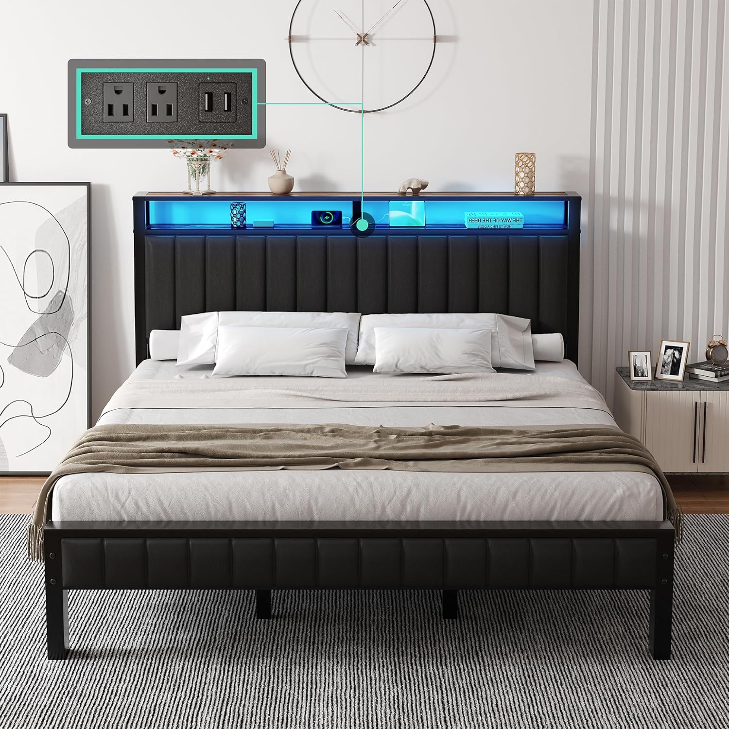 King Size Bed Frame with LED Light, Platform Metal Bed with PU Leather Headboard, Charging Station, 2-Tier Storage Headboard/No Box Spring Needed/Noise Free, Rustic Brown