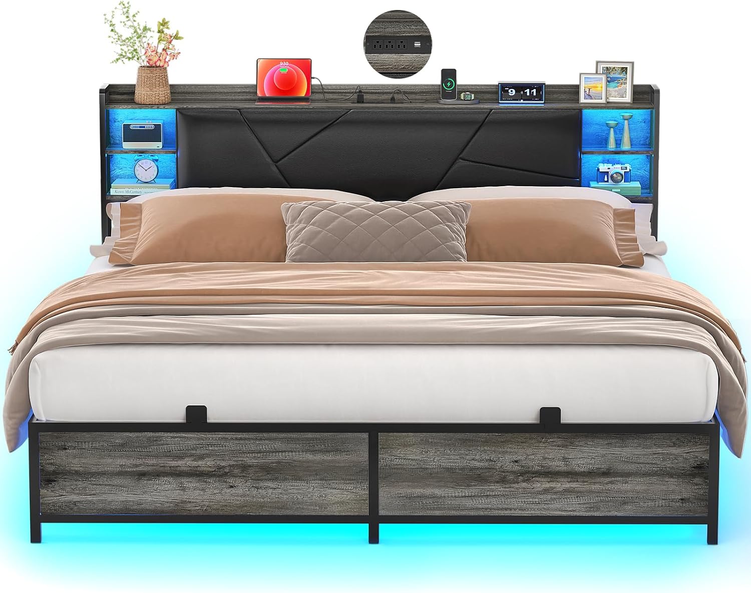 Unikito King Size Bed Frame with Cool RGB LED Lights and Power Outlets, Sturdy Platform Bed with Storage Upholstered Headboard, Noise Free, No Box Spring Needed, Easy to Assemble, Black Oak