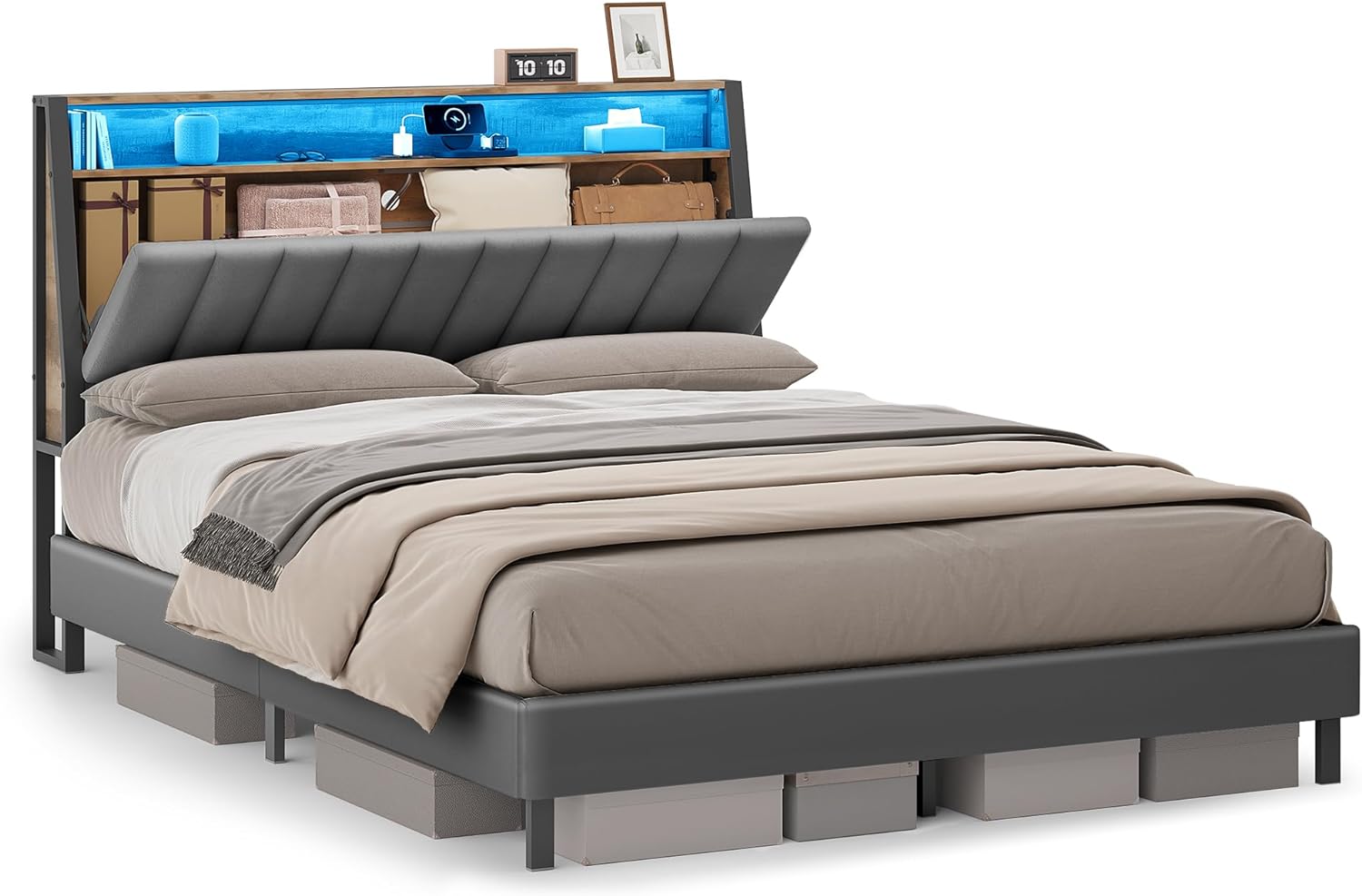 VASAGLE LED Bed Frame Queen Size, Storage Headboard and Charging Station, Queen Bed Frame with 2 AC Outlets, 1 USB Port, 1 Type-C Port, No Box Spring Needed, Dove Gray and Camel Brown URMB841G01