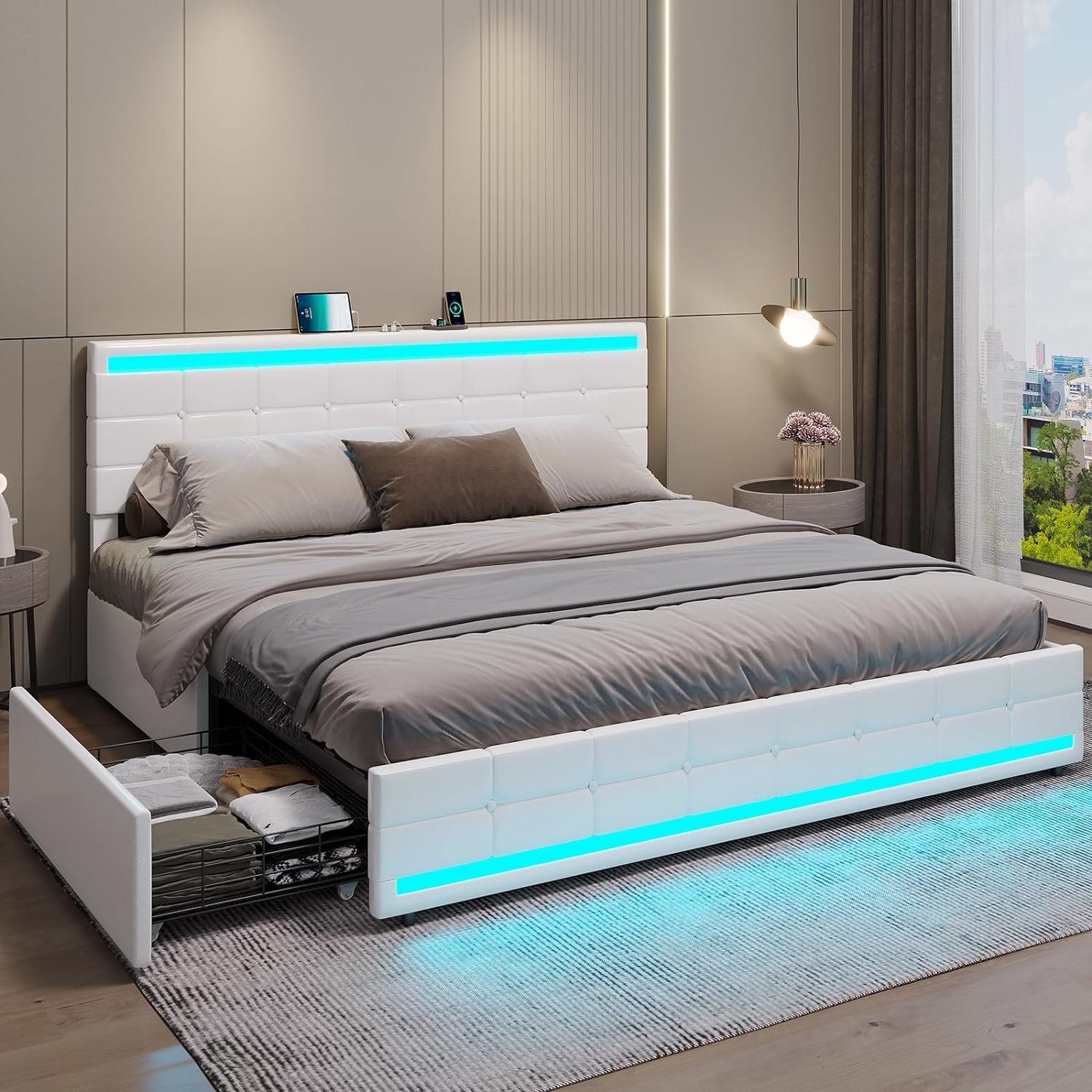 King Bed Frame with LED Lights Leather Platform Bed with Storage Drawers and Charging Station, LED Bed Frame King Size with Adjustable Headboard, No Box Spring Needed, White