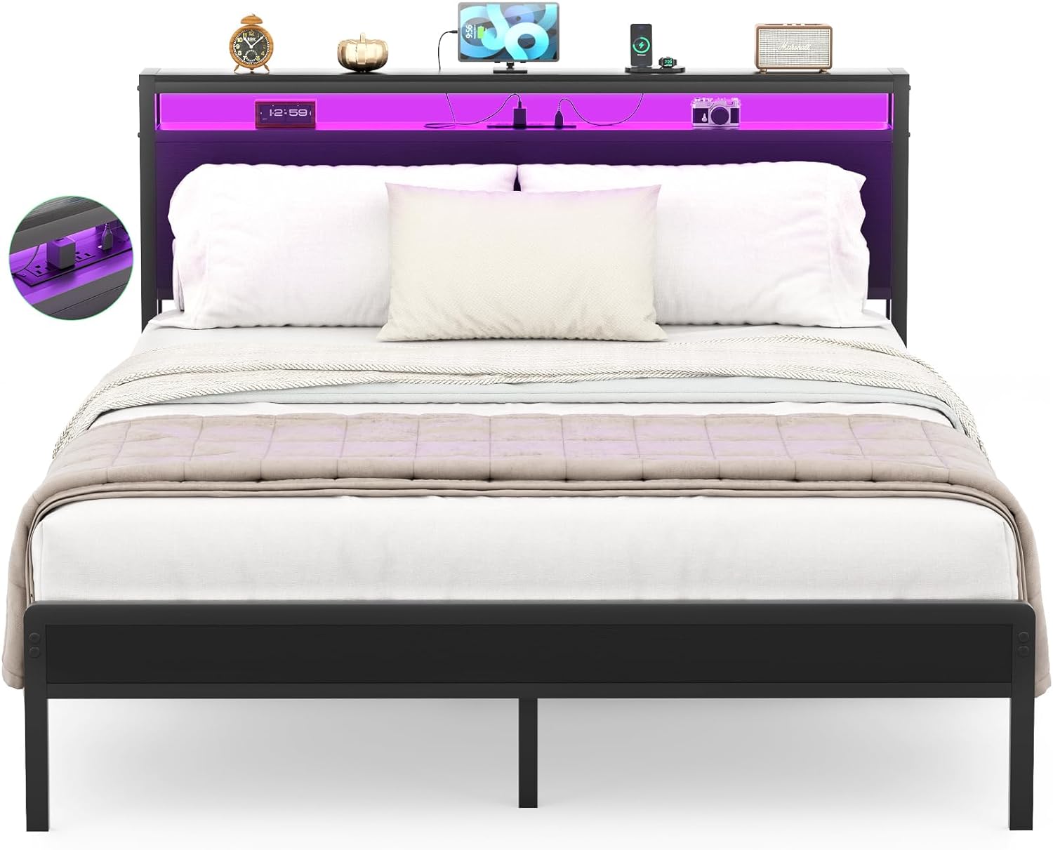 Homieasy Queen Size Bed Frame with Charging Station and Led Lights, Industrial Metal Platform Bed with Storage Headboard, Steel Slat Support, No Box Spring Needed, Noise-Free, Easy Assembly, Black