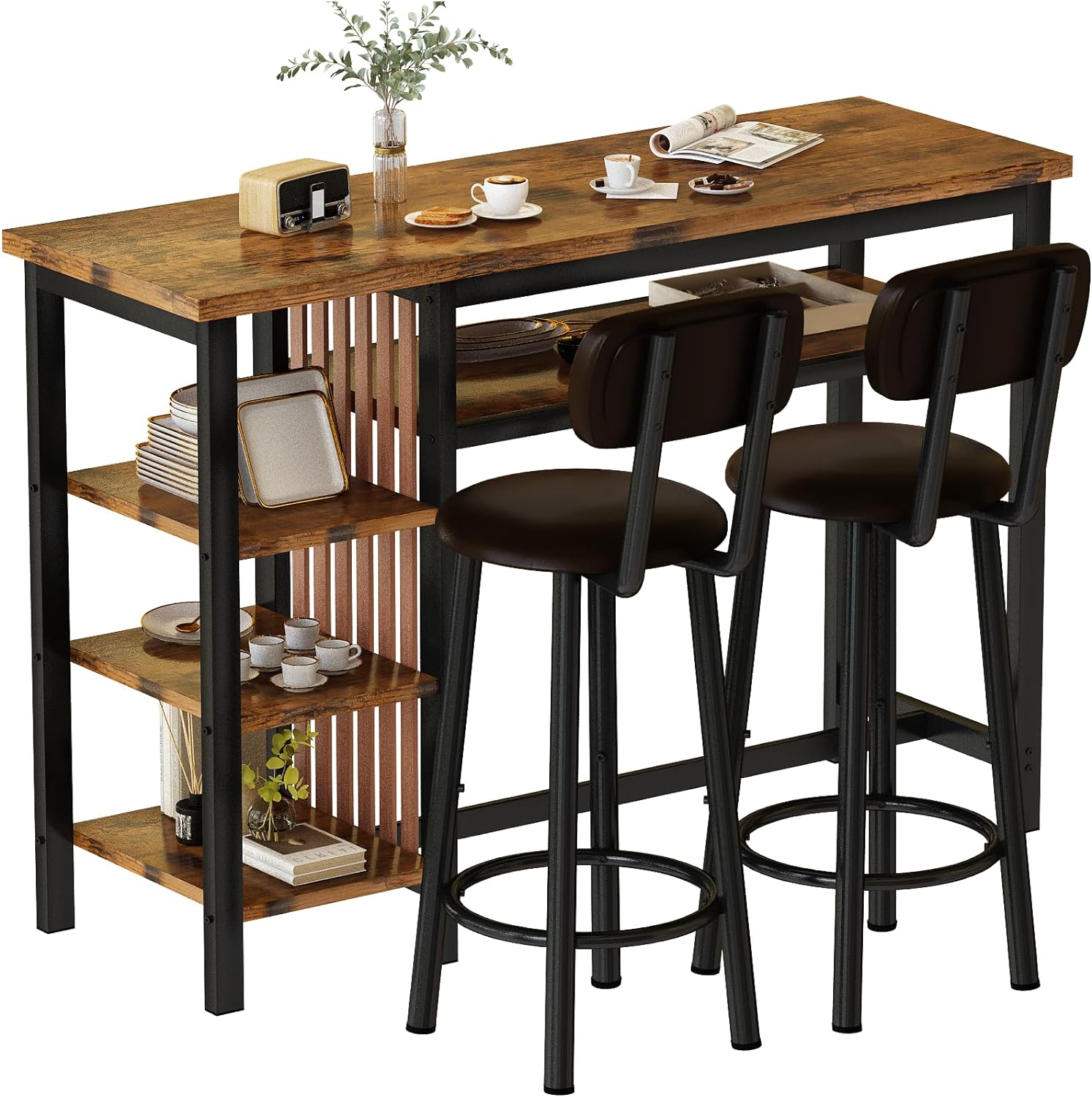 Recaceik Counter Height Dining Set - Bar Table and 2 Upholstered Stools with Storage Shelves, Kitchen Breakfast Nook Pub Set