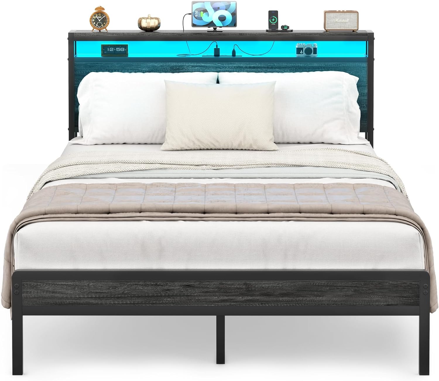 Homieasy Full Size Bed Frame with Charging Station and Led Lights, Industrial Metal Platform Bed with Storage Headboard, Steel Slat Support, No Box Spring Needed, Noise-Free, Black Oak